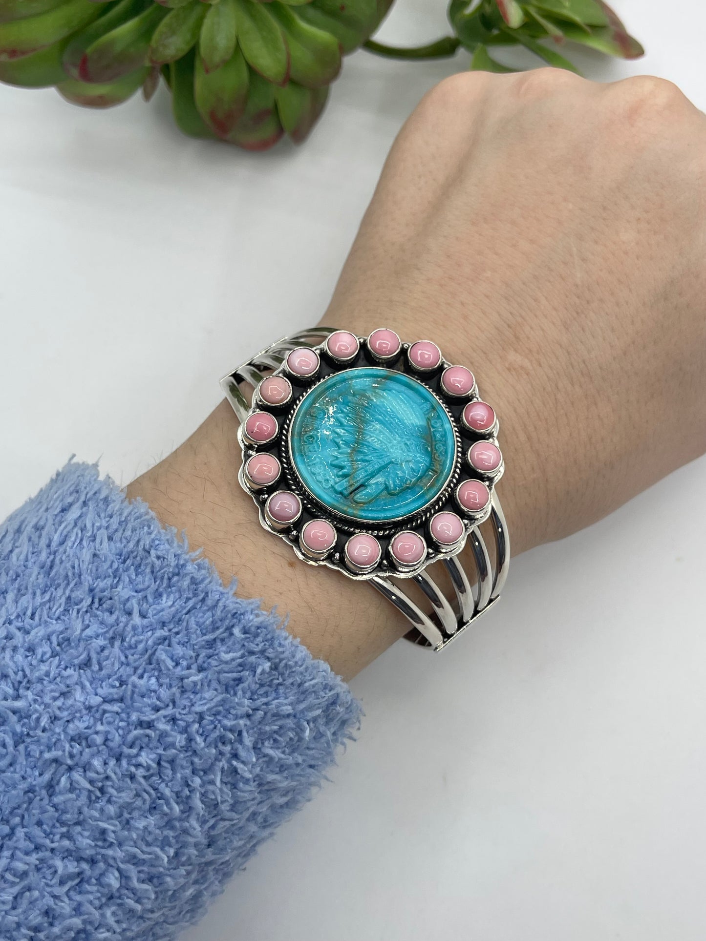 6.5"-8" Block Turquoise With Chief & Pink Conch Shell Cuff