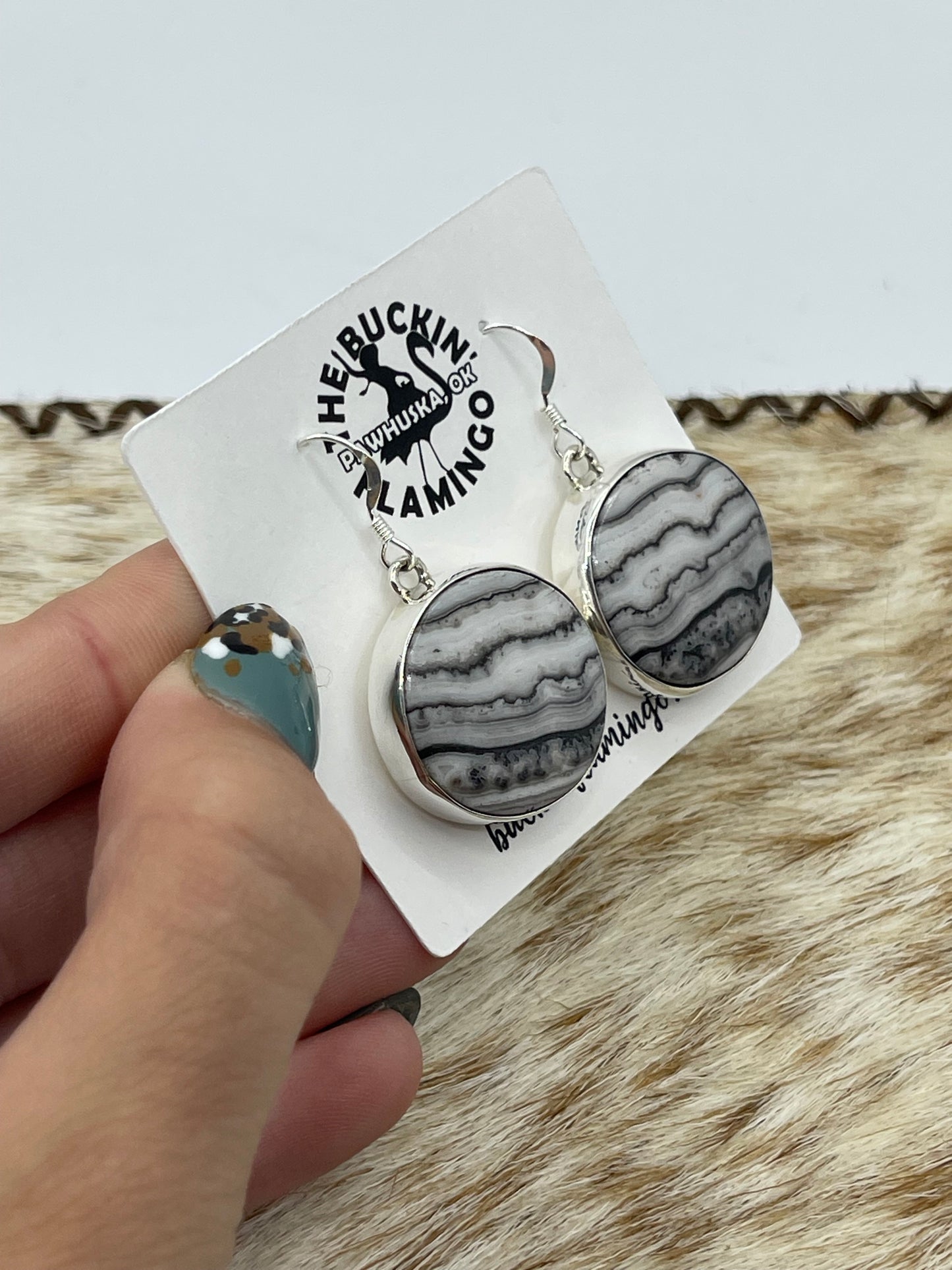 Circle Marble Zebra Jasper Dangle Earrings, Navajo Made