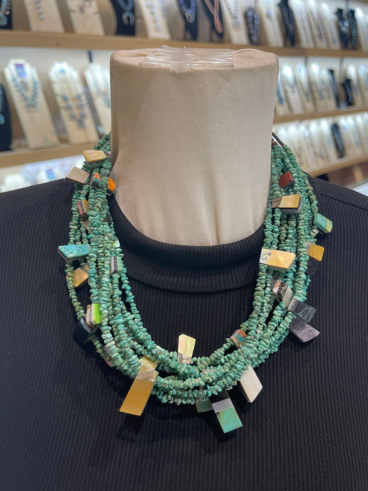 21" 10 Strand Turquoise with Inlay Slabs by Jolene Bird, Santo Domingo