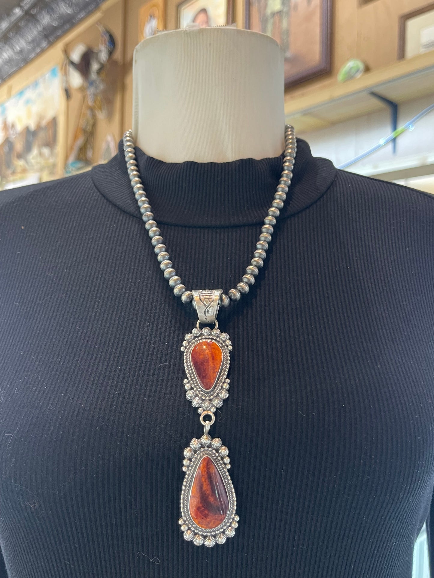 Dark Spiny Oyster 2 Stone Pendant on 20" 7mm Navajo Style Pearls by Tom Lewis, Navajo