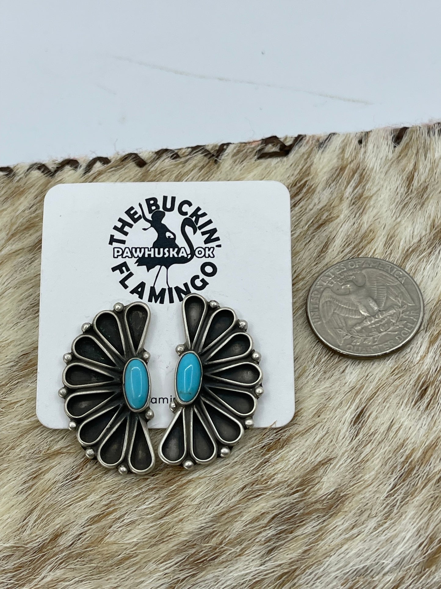 Kingman Turquoise Half "Fan" Post Earrings by Geraldine James, Navajos