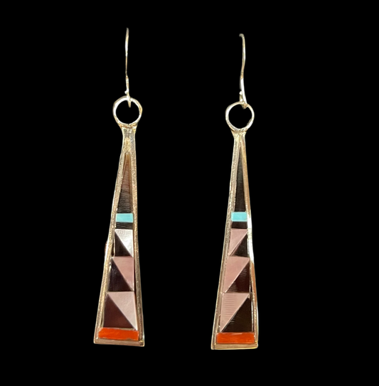 Multi-Stone Triangle Inlay Dangle Earrings by Tammie Qualo, Zuni