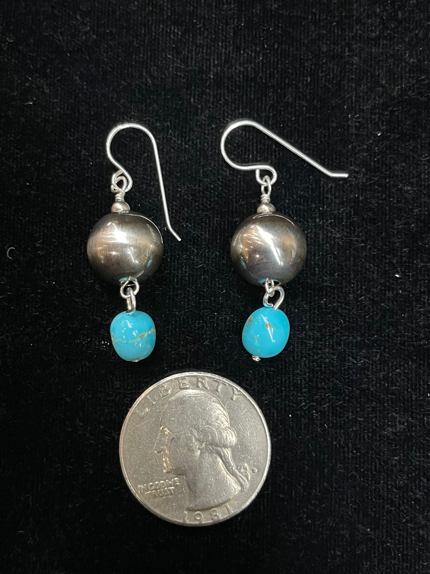 12mm Silver Pearl with Turquoise Nugget Dangle Earrings