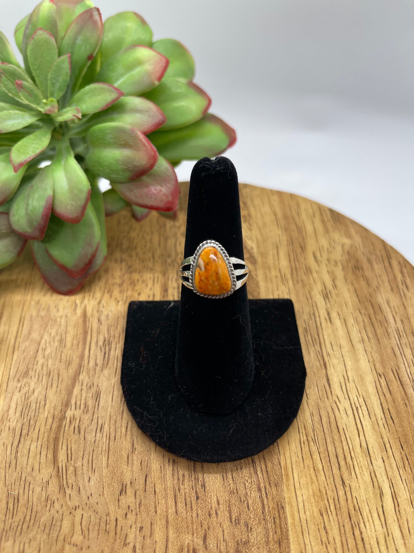 6.5 Orange Spiny Oyster Shell Triangle Ring by Tom Dinesto, Navajo