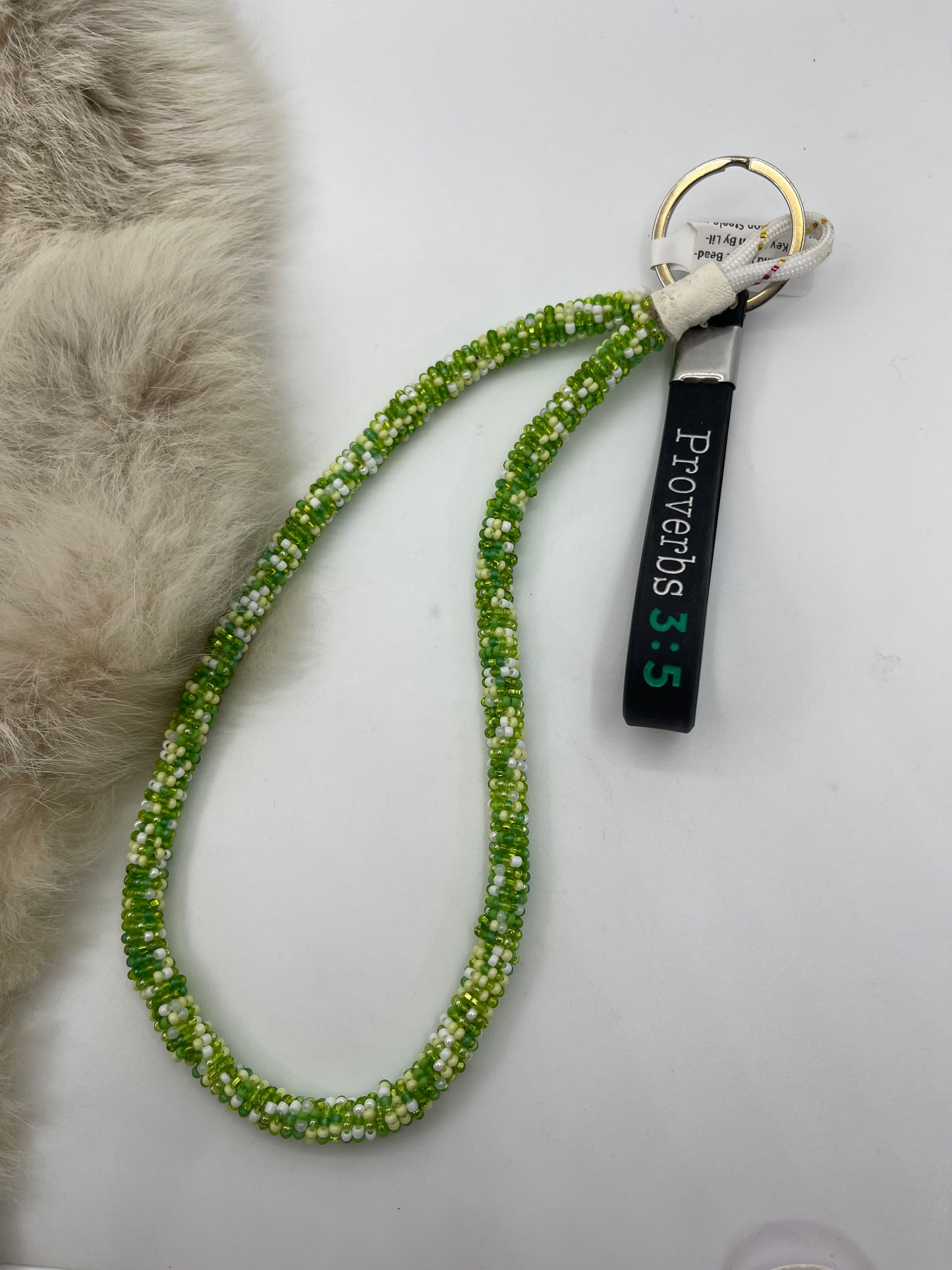 Green and White Beaded Key Chain By Lillian & Vernon Steele, Apache