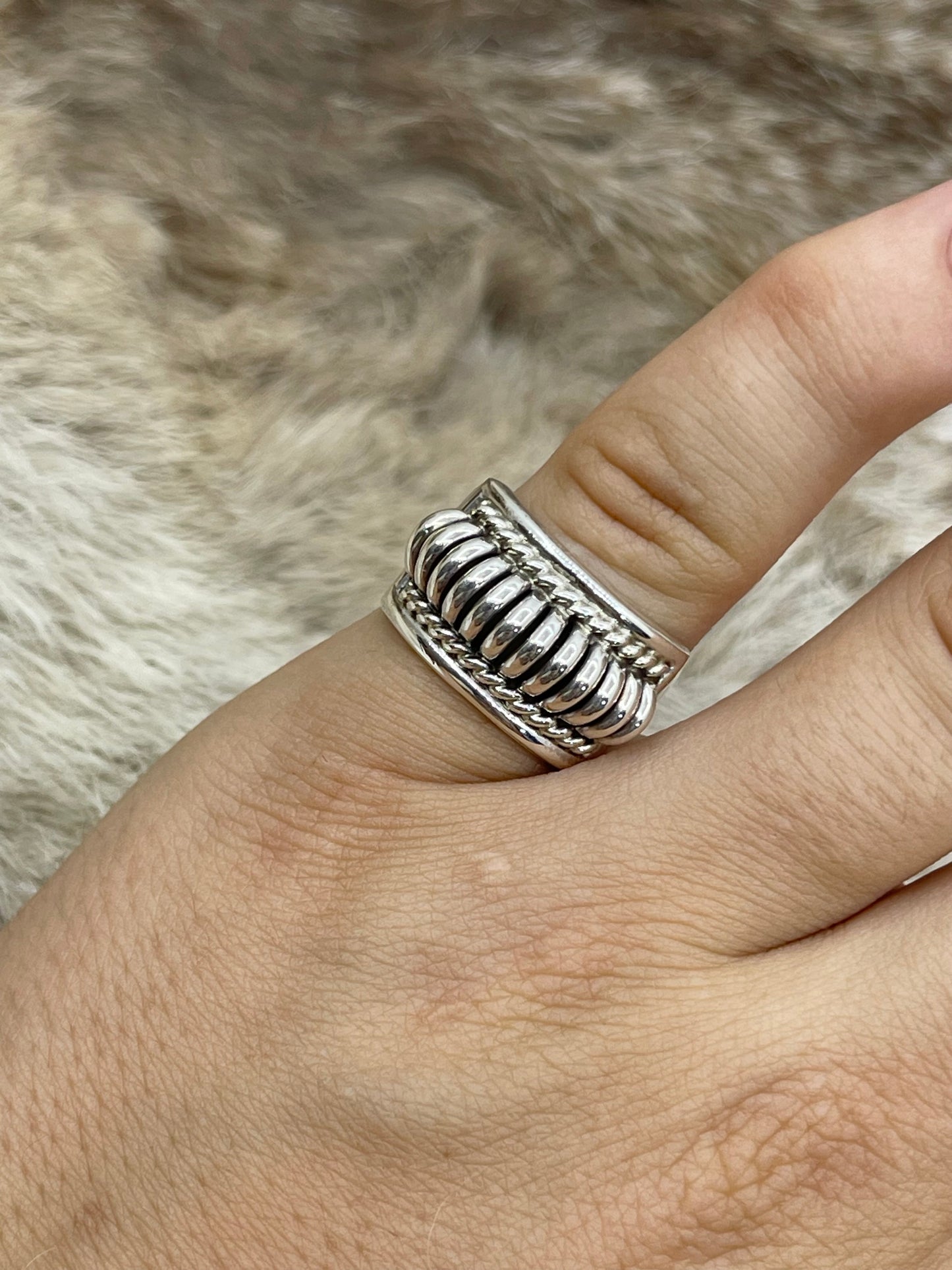 7.0 Ribbed “Water Bead” Design Ring by Thomas Charley, Navajo