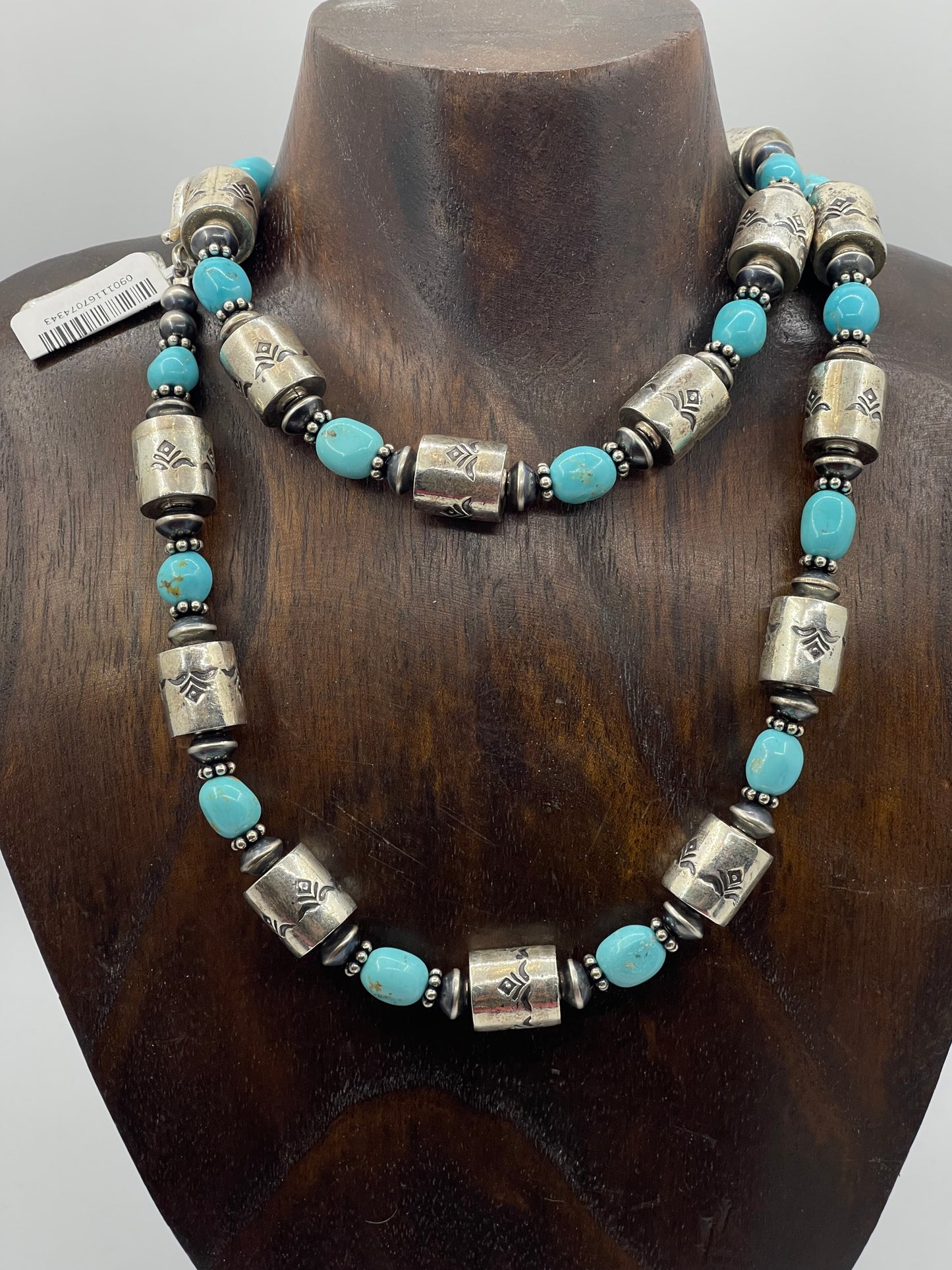 LOT 95 1/25      30" Turquoise and Stamped Sterling Silver Barrel Beads