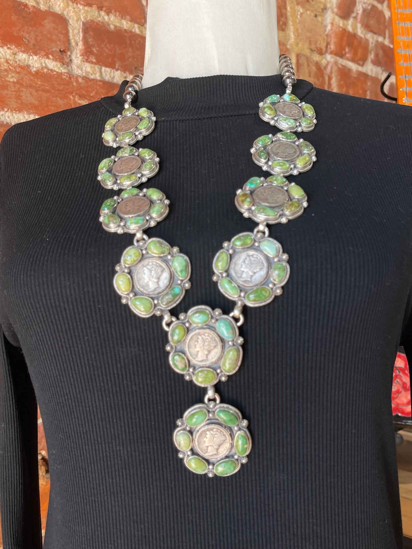 Sonoran Gold Turquoise Cluster Lariat with Silver Mercury Dimes