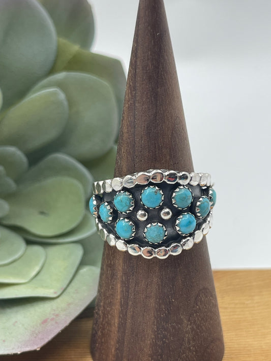 7.5 10 Stone Turquoise Ring by Kenny Lonjose, Navajo
