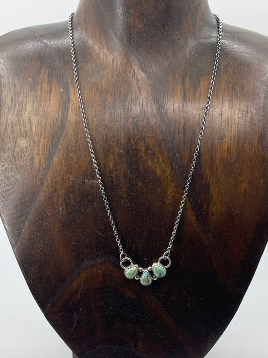 LOT 9 10/19 17" 3 Stone Green Kingman Turquoise Necklace by Maxine Ramirez, Navajo