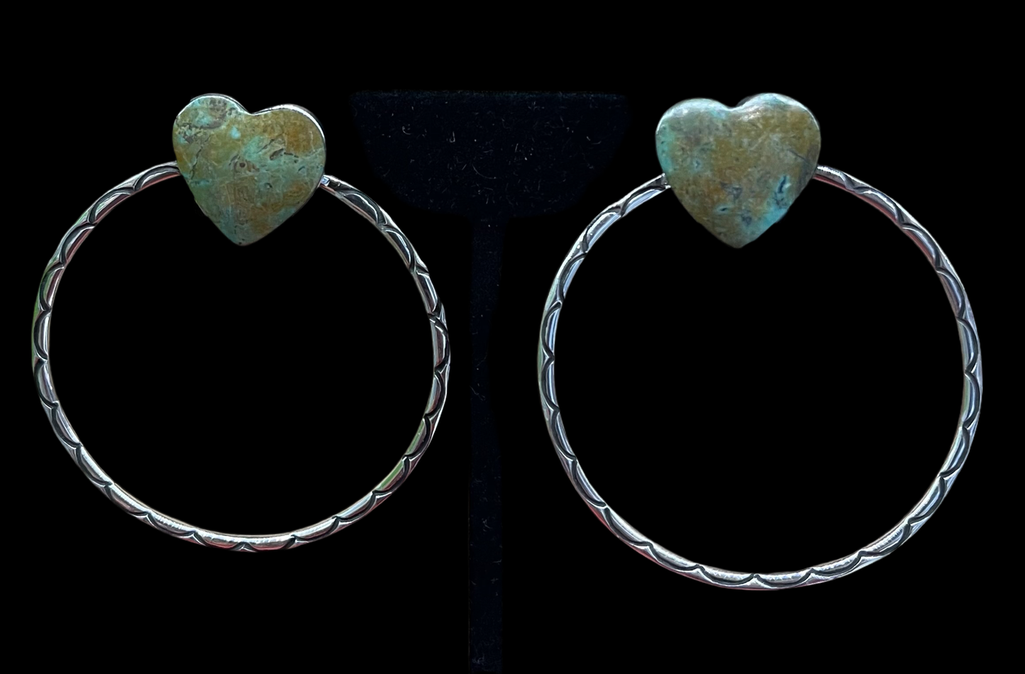 Kingman Turquoise Heart Post Hoops by Sarah Yazzie, Navajo