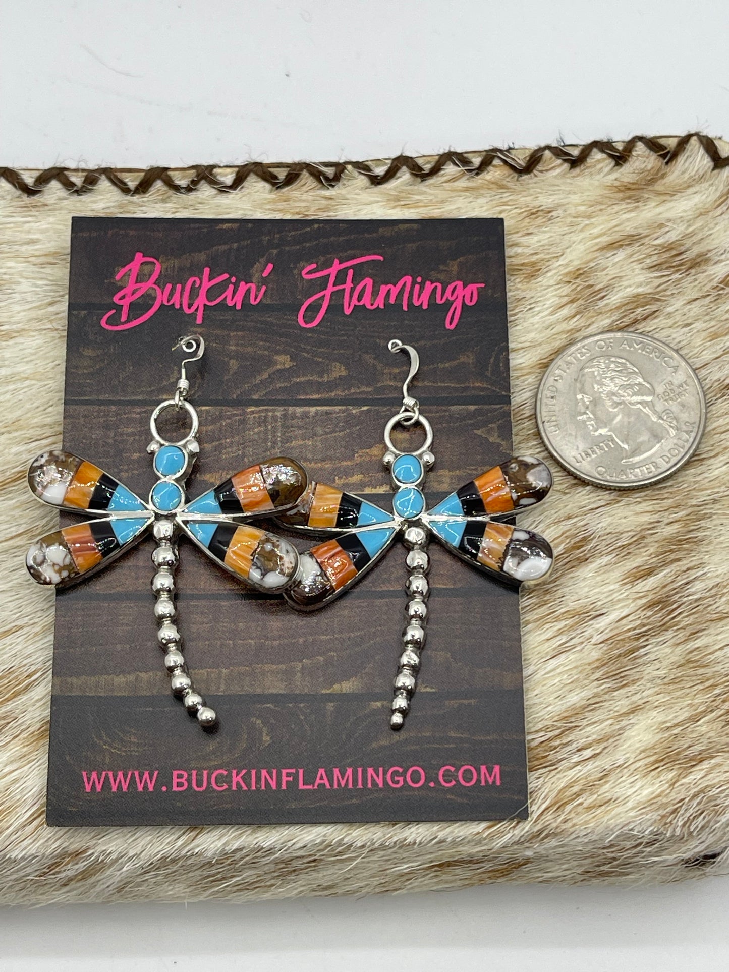 Wild Horse, Turquoise, Black Onyx, Spiny, and Mother of Pearl Dragonfly Dangle Earrings by Angus Ahiyite, Zuni
