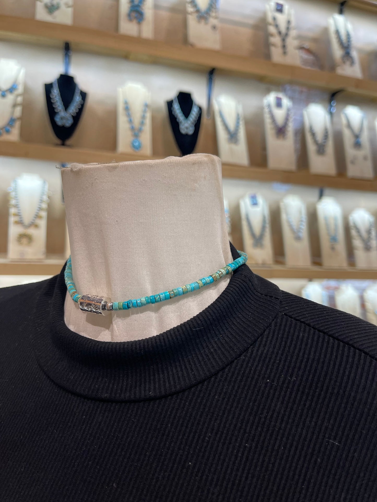 14" Magnesite Beads with Silver Stamped Barrel Bead Necklace