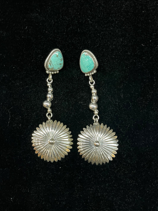 Turquoise Concho Post Dangle Earrings by Sheena Jack, Navajo