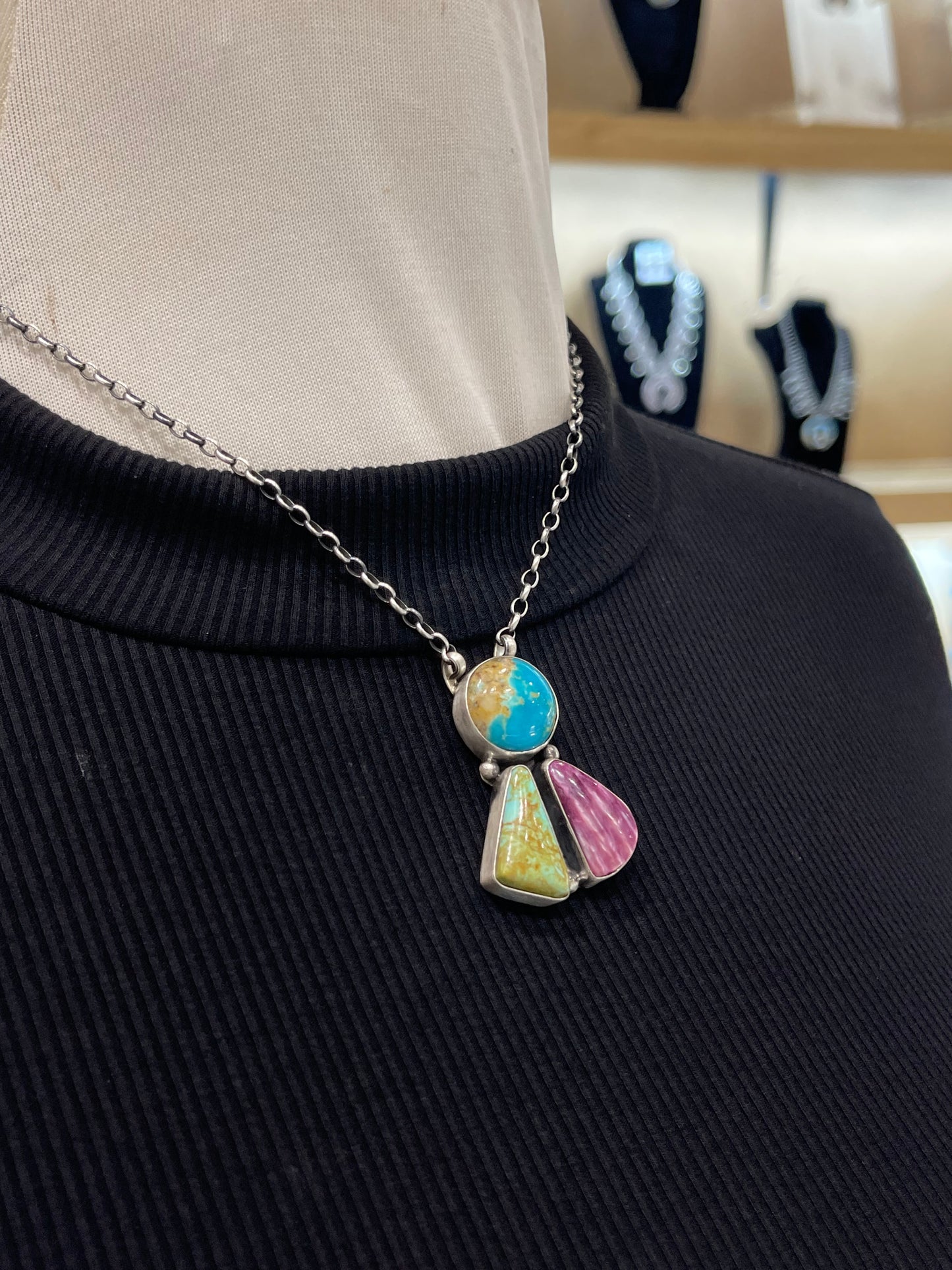 16 Inch Multi-Colored 3 Stone Cluster Necklace by Donovan Skeet, Navajo