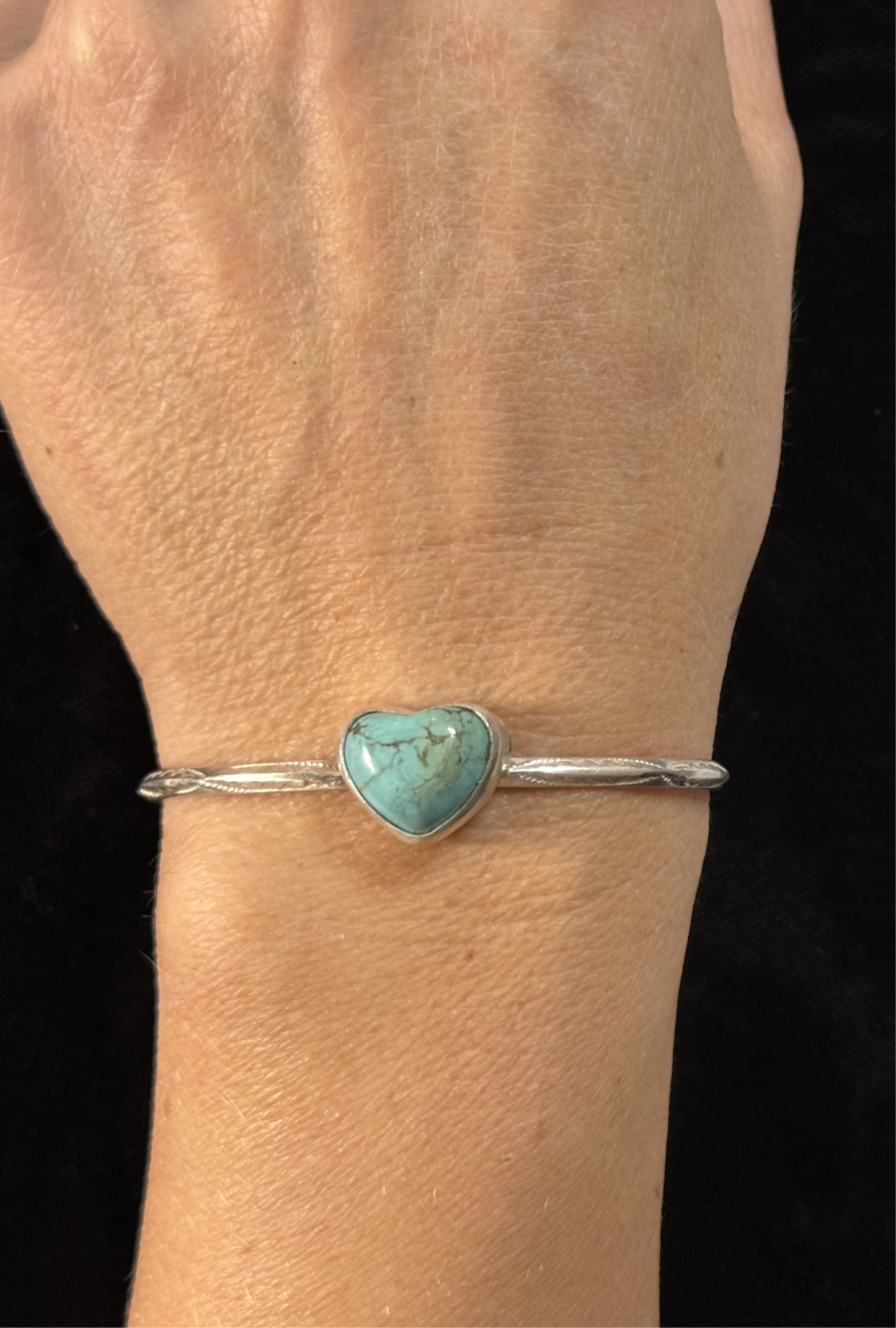 5 3/4"-7" Turquoise Heart Bracelet by Donovan Skeet, Navajo