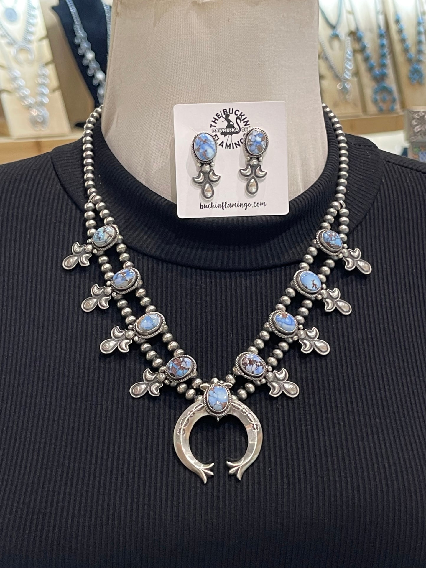 20" Golden Hills Turquoise Squash Blossom & Earring Set by Adrienne P. Gordon, Navajo