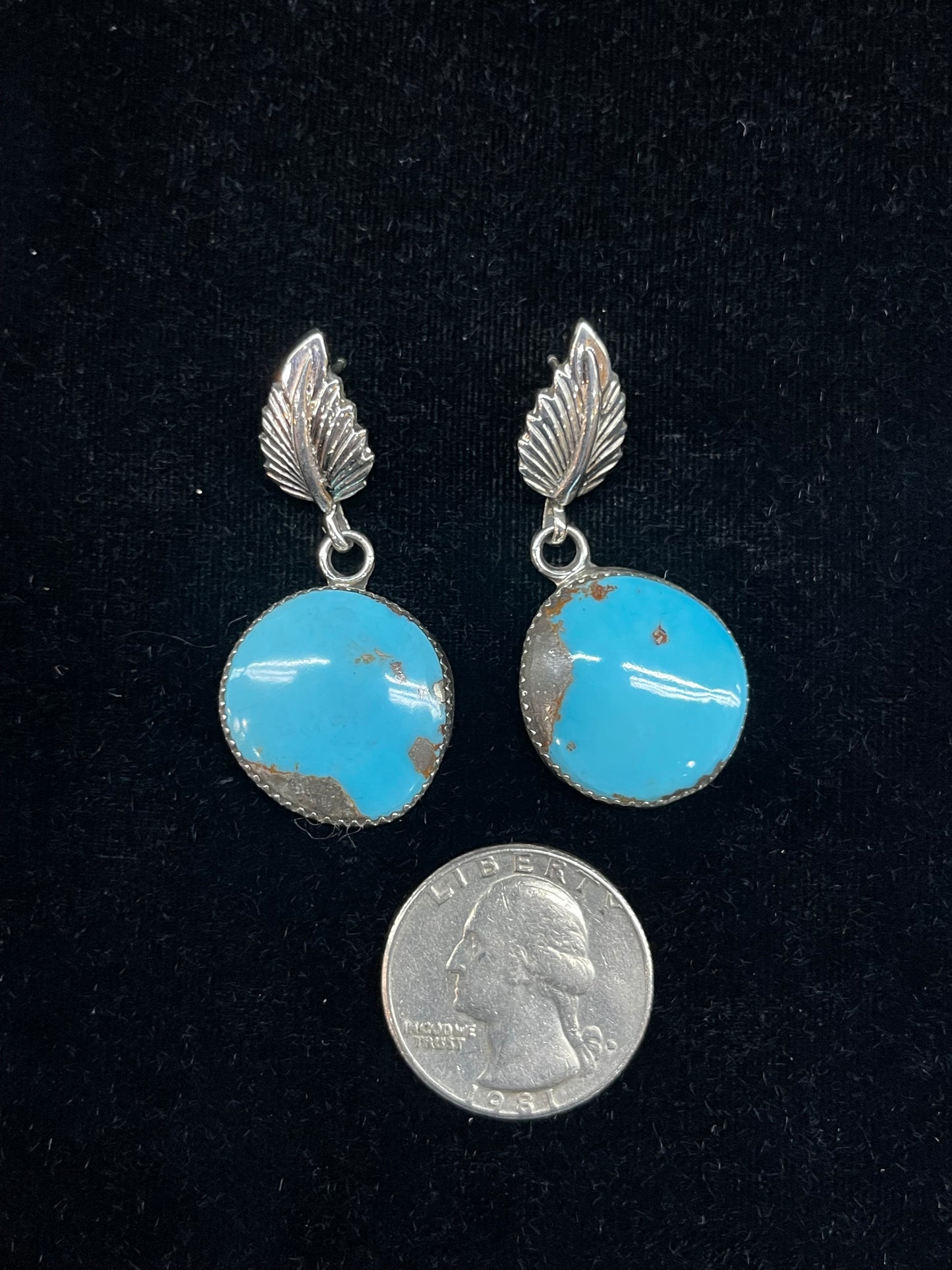 Kingman Turquoise Feather Post Dangle Earrings by Hiram Largo, Navajo