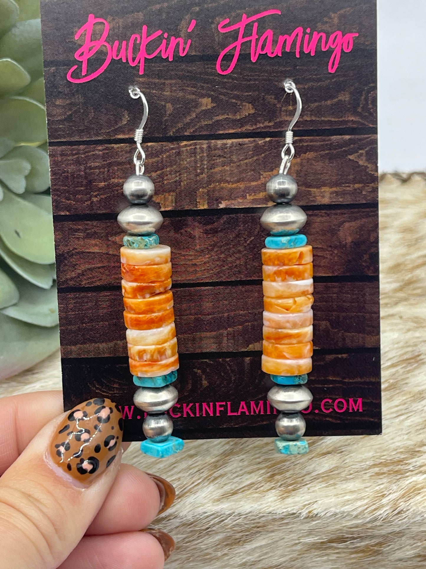 Orange Spiny Oyster Shell, Turquoise, and Navajo Pearls Dangle Earrings
