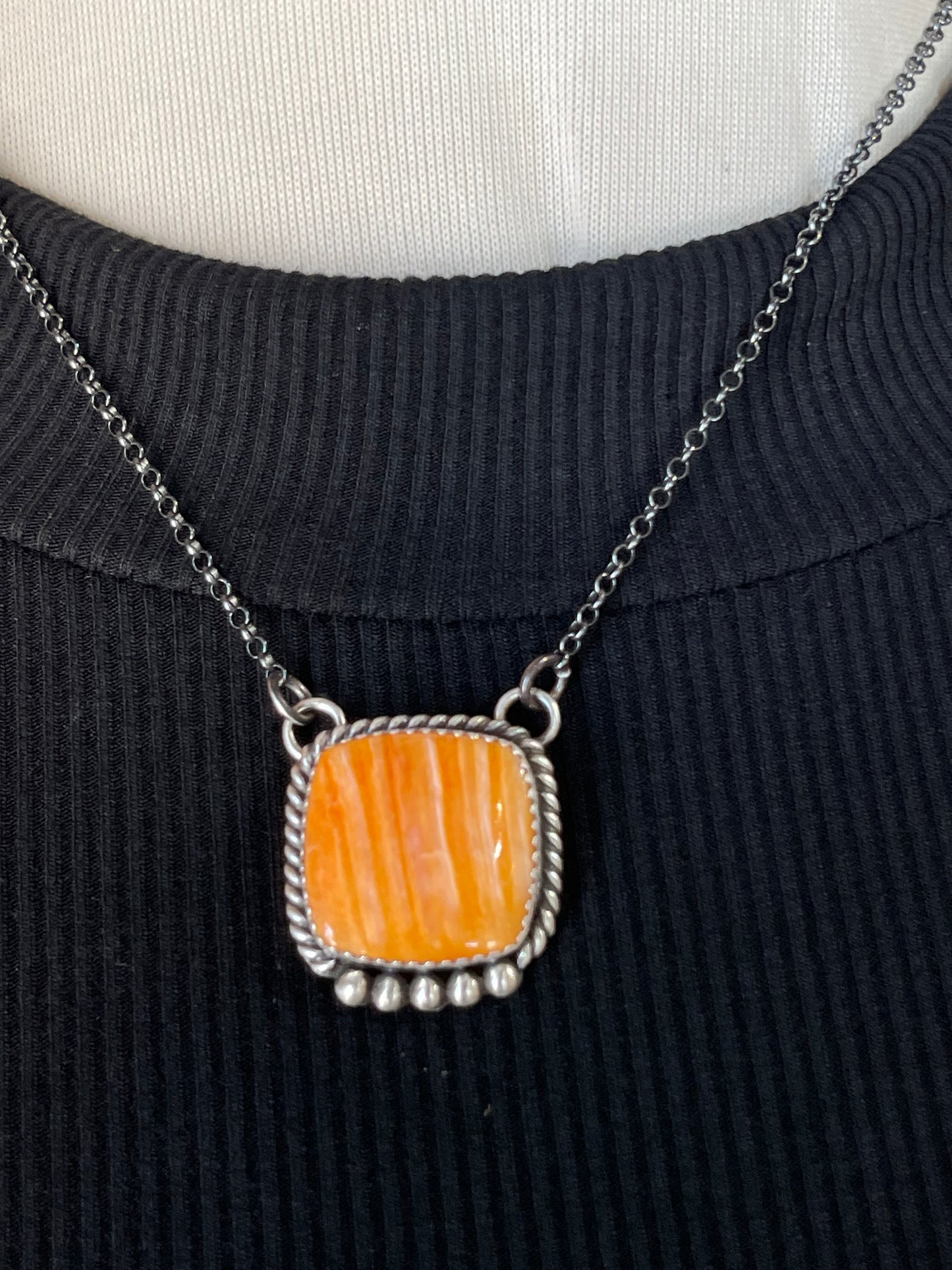 LOT 5 A 1/18 16" Orange Spiny Oyster Shell Square Necklace by Freda Martinez, Navajo