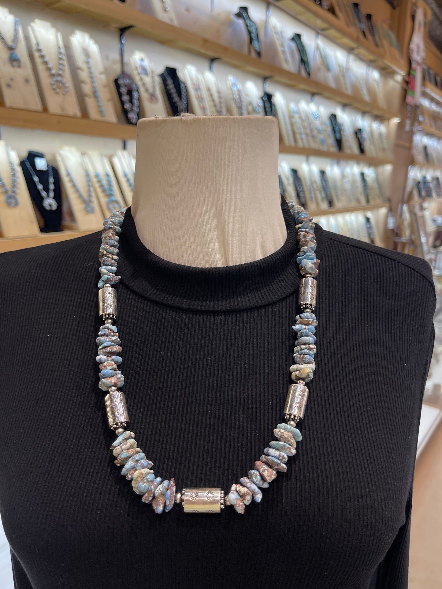 26" Natural Chunky Golden Hills Turquoise with Silver Barrel Beads