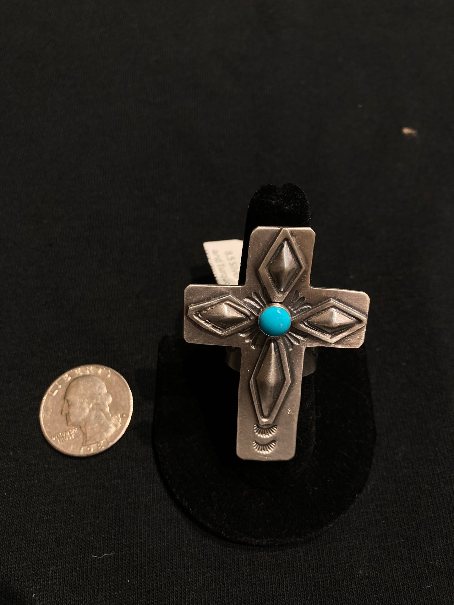 8.0 Silver Cross and Turquoise Ring by Boyd Ashley, Navajo