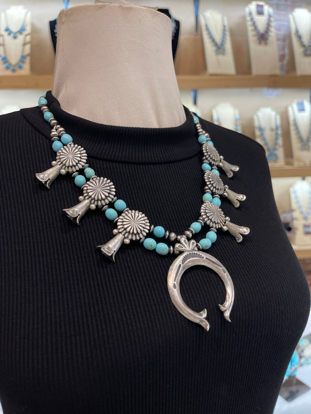 20" Squash Blossom with Sleeping Beauty Turquoise Nuggets & Conchos by Rita Largo, Navajo