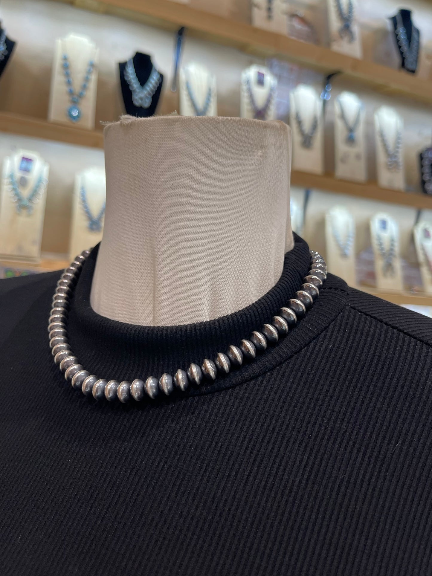 18” 9mm Rondelle Navajo Style Pearl Necklace