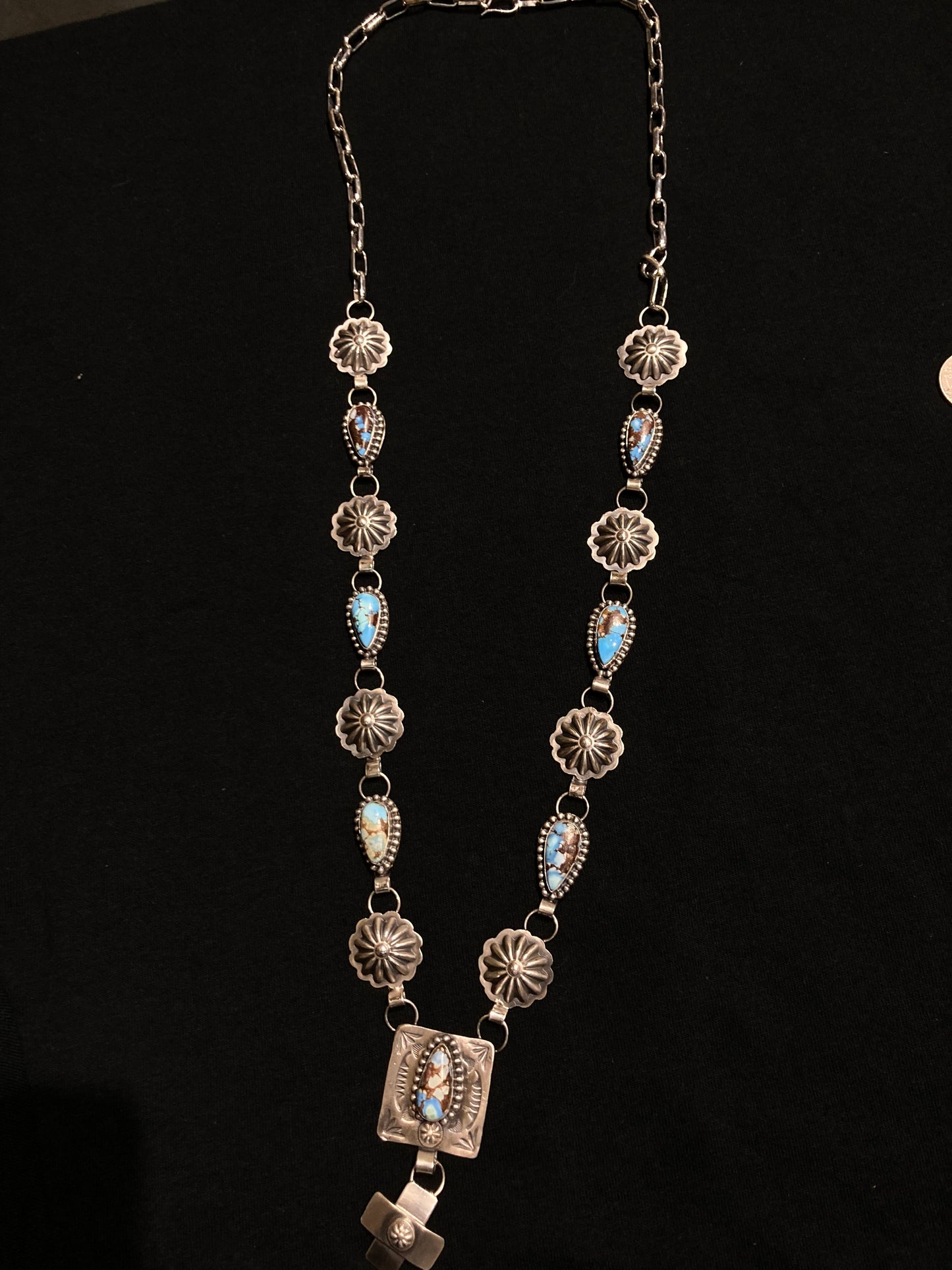 32"+2" Golden Hills Turquoise Necklace by Gilbert Secatero, Navajo