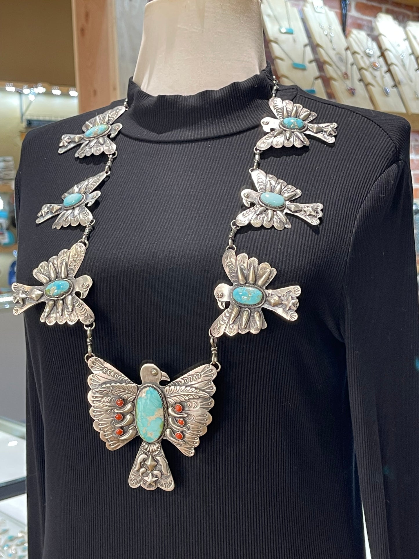 28" Sonoran Gold Turquoise with Red Coral Thunderbird Necklace