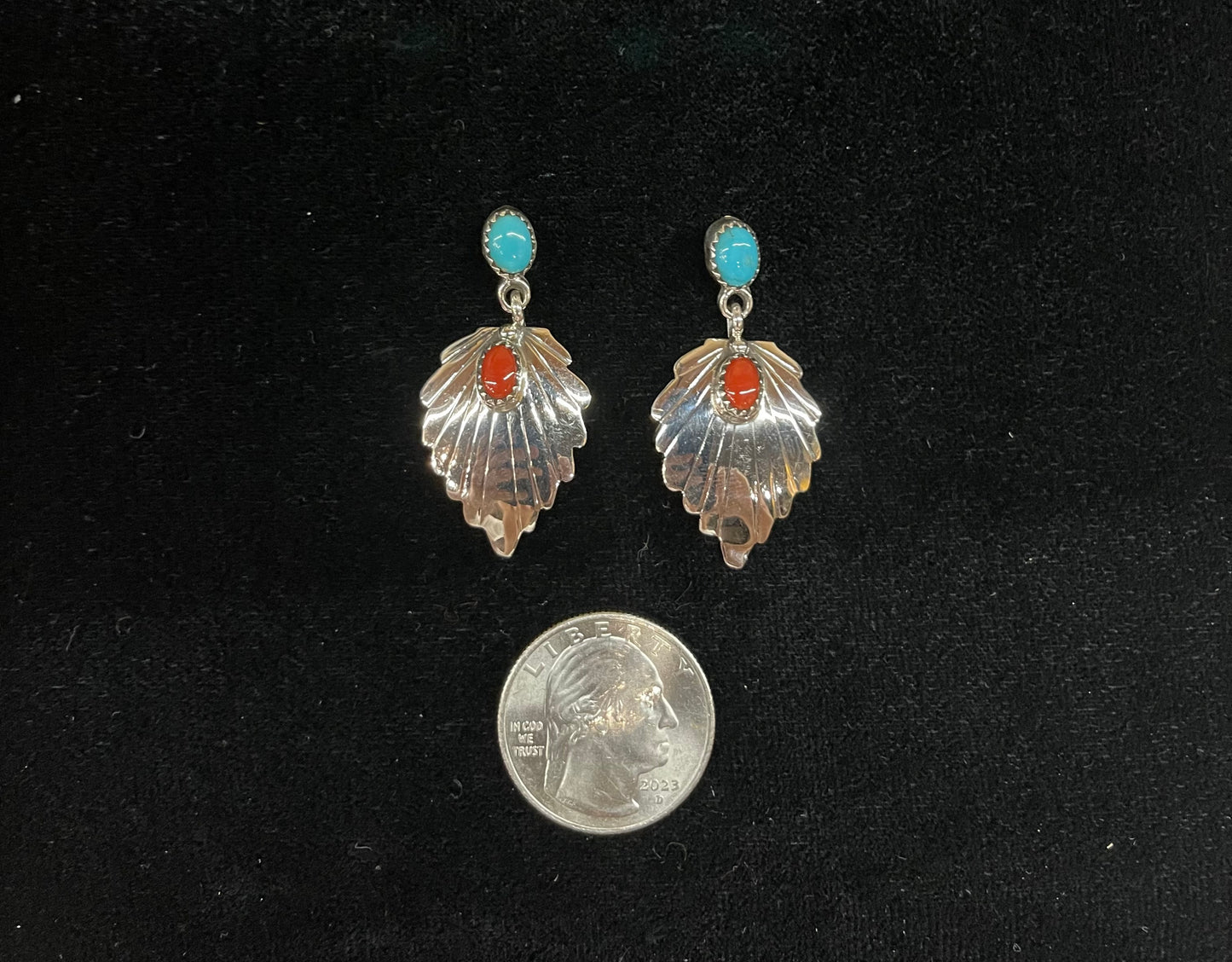 Turquoise and Red Coral Post Dangle Earrings by Genevieve Francisco, Navajo