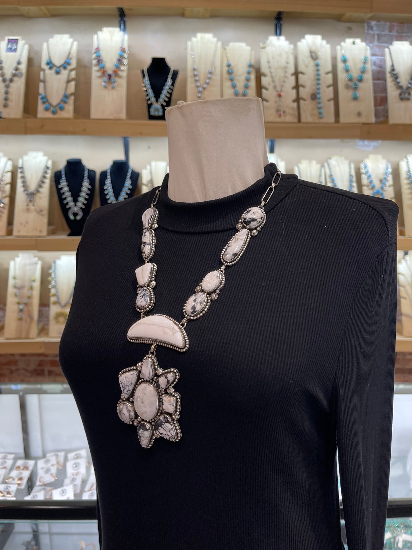 22”+4.5” White Buffalo Cluster Necklace & Earring Set by Mary Ellen Pease, Navajo