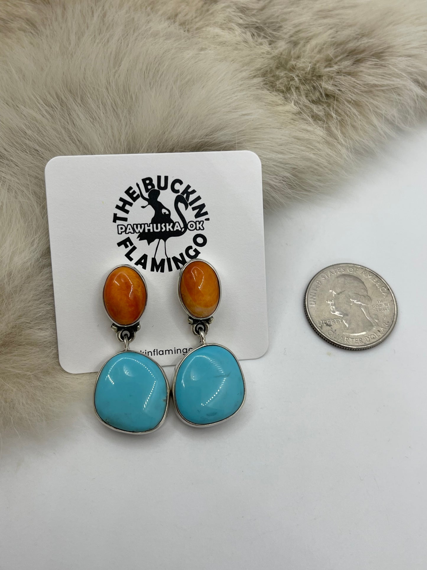 2 Stone Spiny Oyster And Turquoise Dangle Earrings