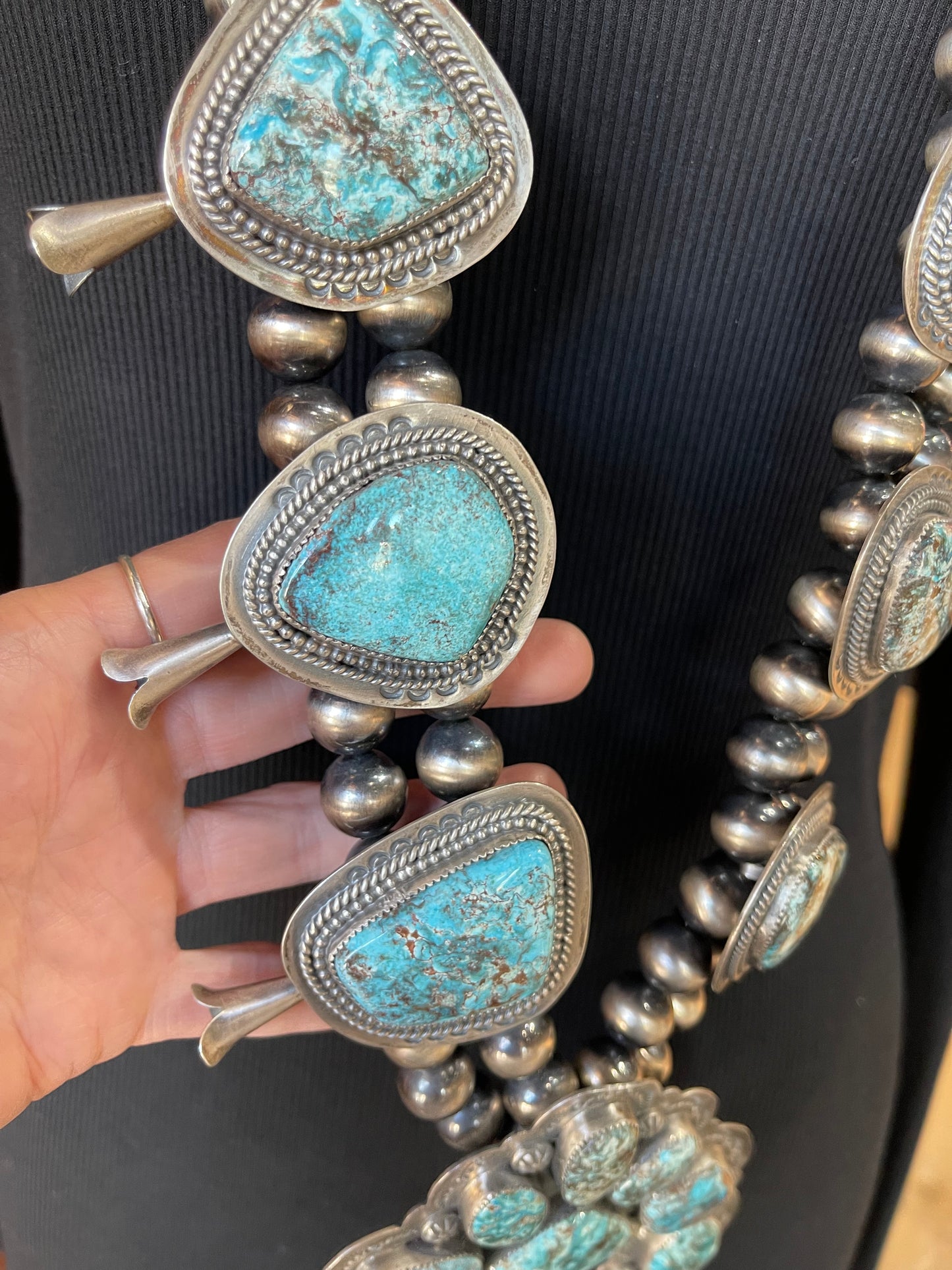 46” Lone Mountain Turquoise Squash Blossom by Delbert Secatero, Navajo
