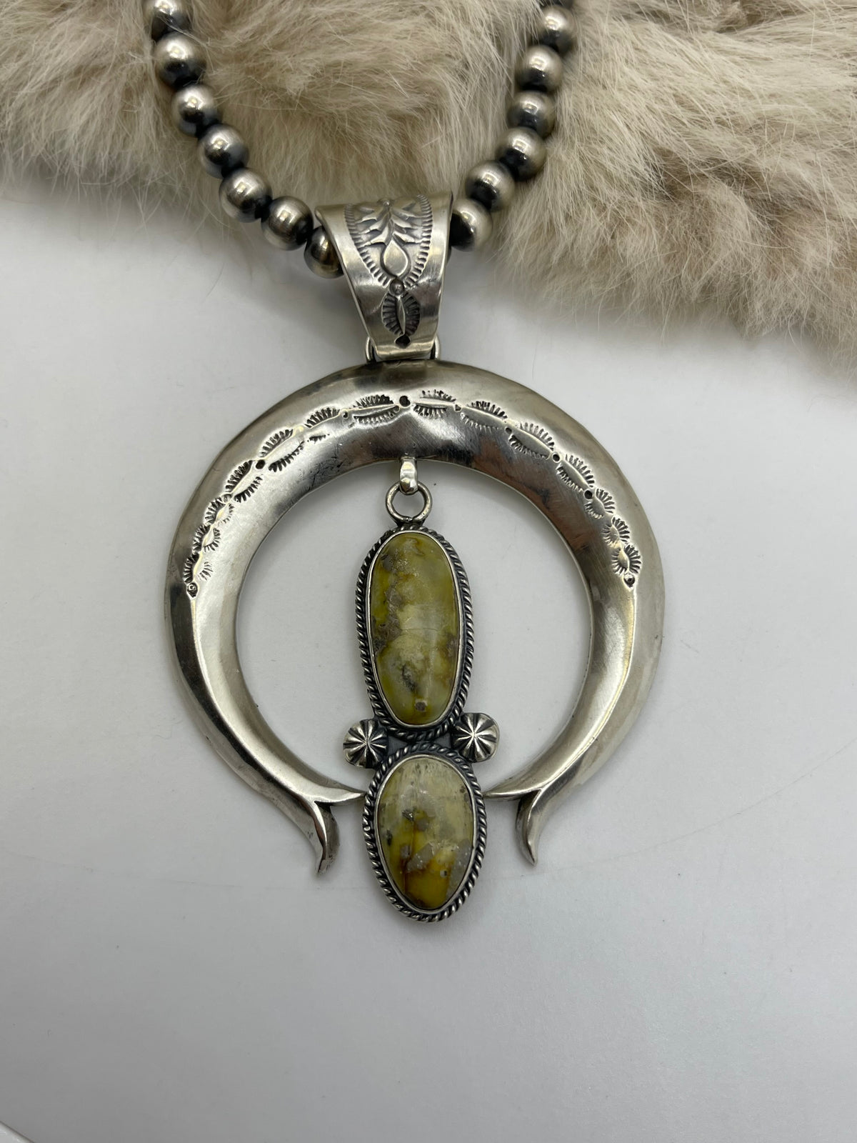 18" 6mm Navajo Style Pearls 2 Stone Palomino Turquoise Naja Pendant by Derrick Gordon, Navajo
