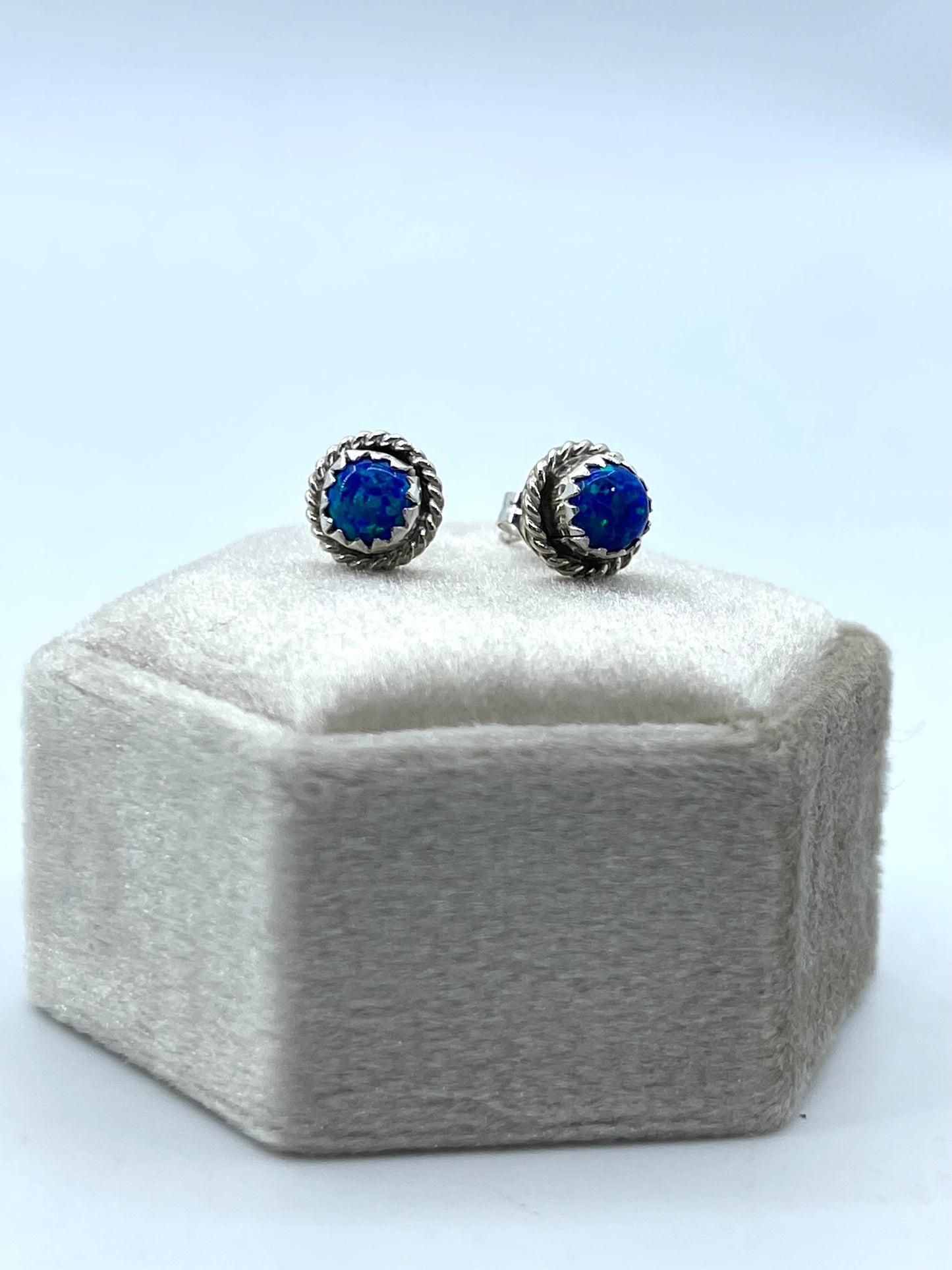 Dark Blue Opal 7.5 mm Post Earrings by Larson Chee, Navajo