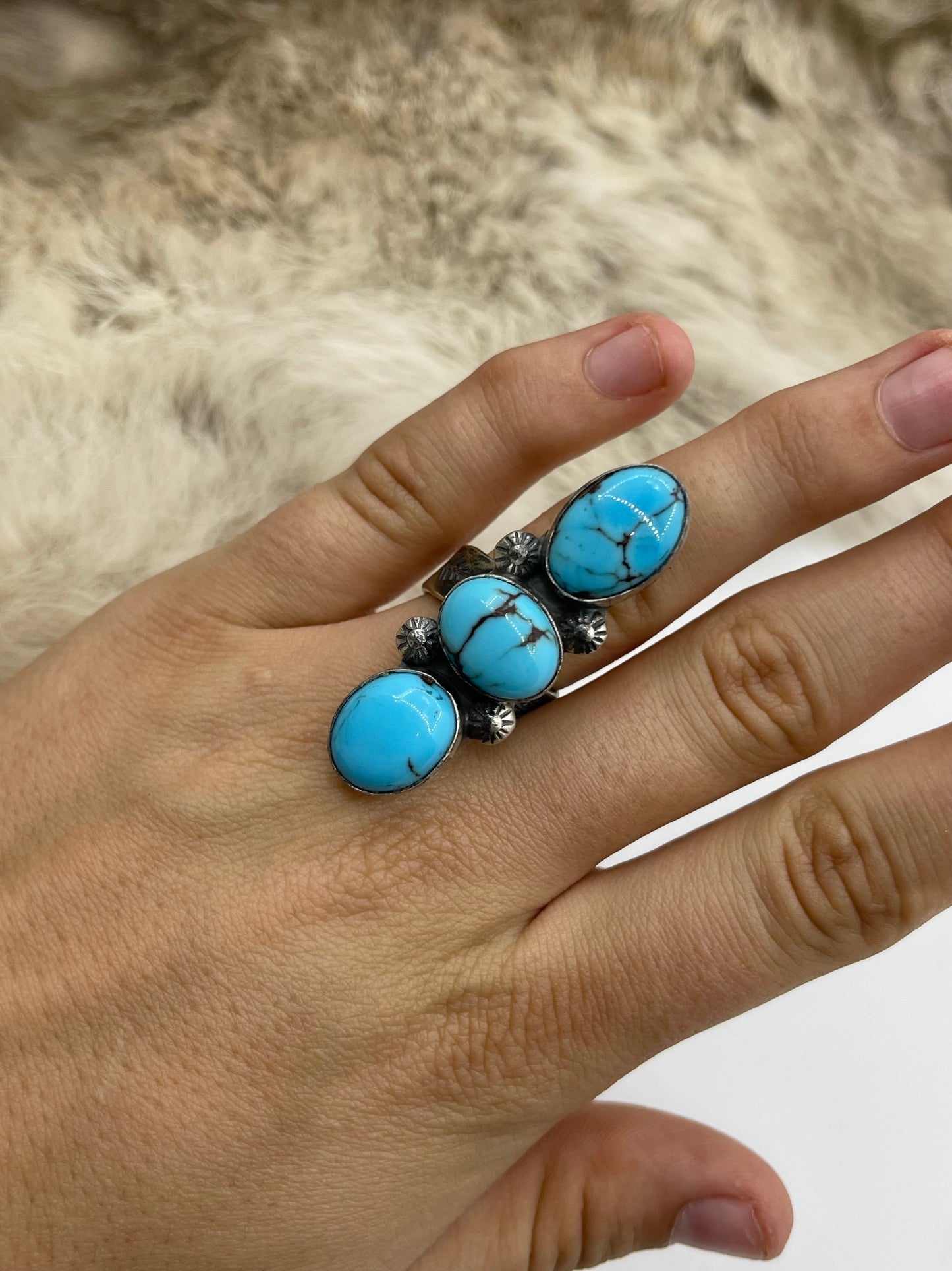 3 Stone Egyptian Turquoise Adjustable Ring (8.0-11.0) by Happy Piasso, Navajo