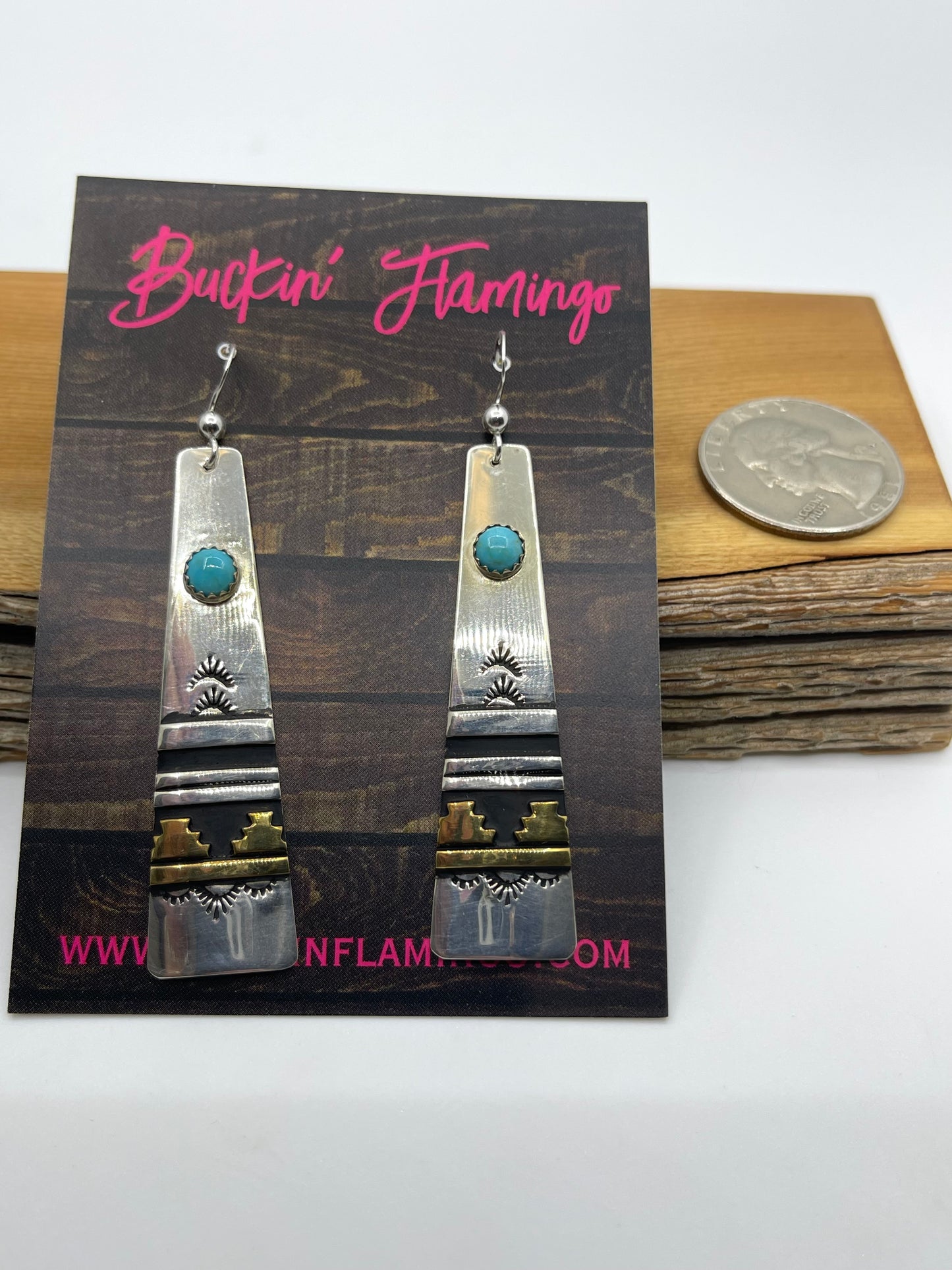 Silver with Brass Overlay Turquoise Dangle Earrings by Tommy and Rose Singer, Navajo