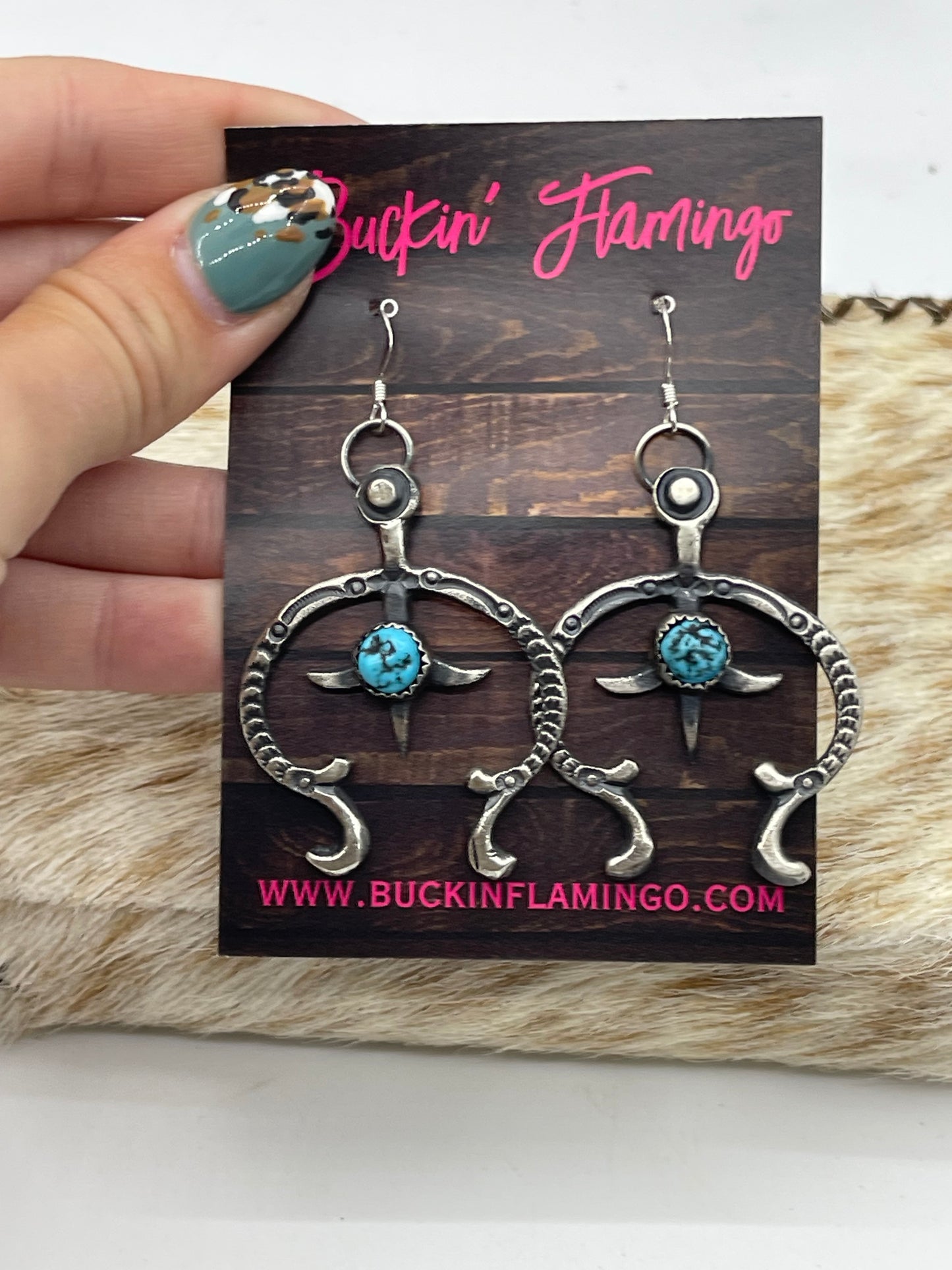 Tufa Cast Naja Turquoise Dangle Earrings by Eva and Linberg Billah, Navajo
