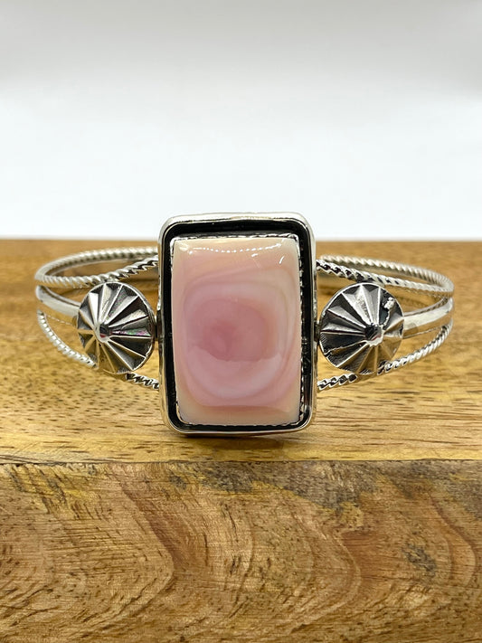 6”-7.25” Pink Conch Shell Rectangle Stone Cuff by Mike Smith, Navajo