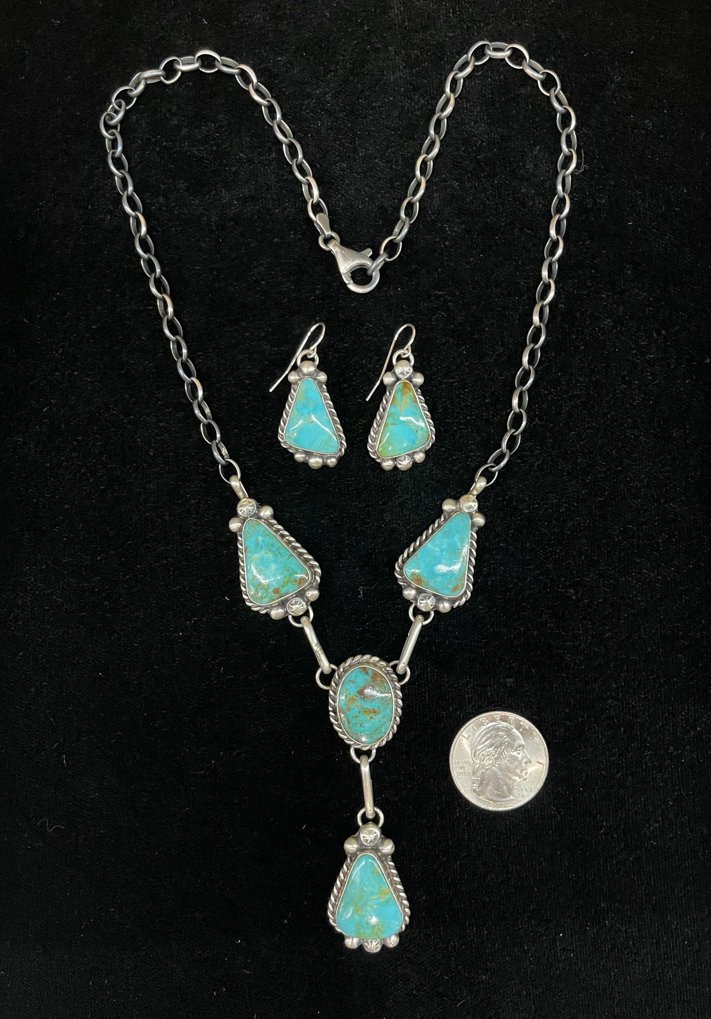 Kingman Turquoise Lariat Style Necklace with Triangle Dangle Earrings by Augustine Largo, Navajo