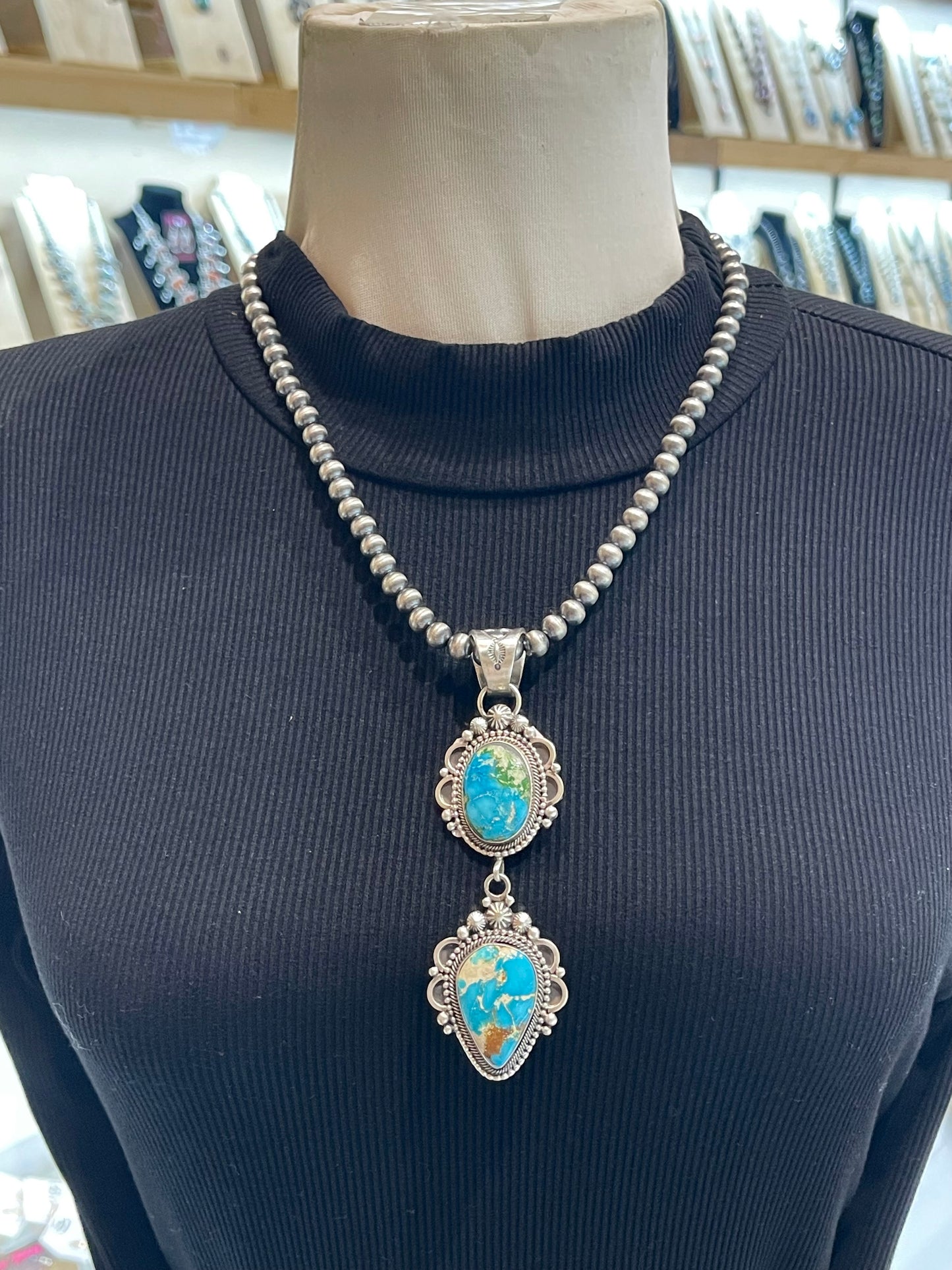 6mm 20" Navajo Style Pearl 2 Stone Sonoran Gold Turquoise Pendant by Tom Lewis, Navajo