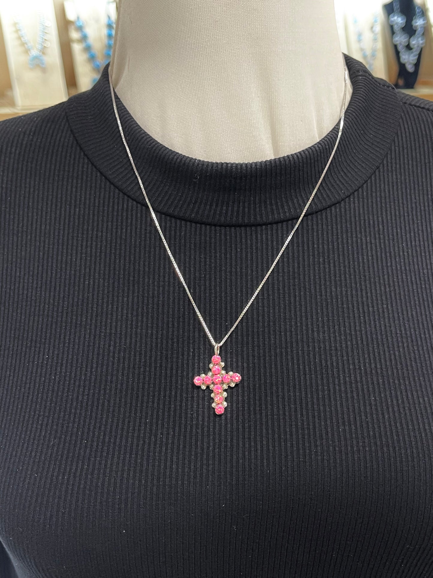 20" Hot Pink Opal Zuni Snake Eye Cross Pendant by Marlon Quam, Zuni