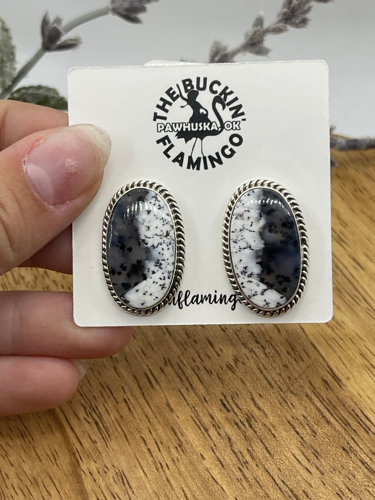 Dendrite Opal Agate Oval Post Earrings, Navajo