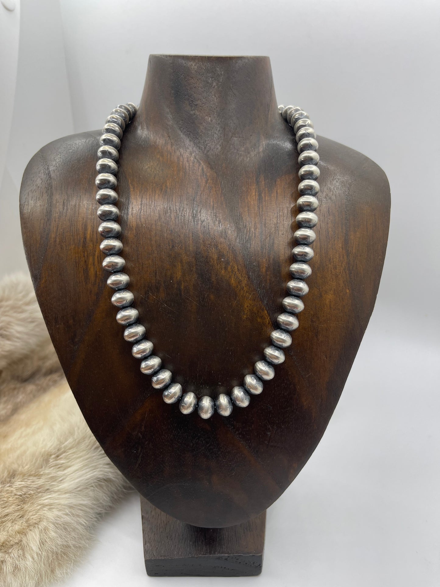 18" 10.25 MM 1/2" Rondelle-Stamped Handmade Pearls by Bryannen Halwood, Navajo
