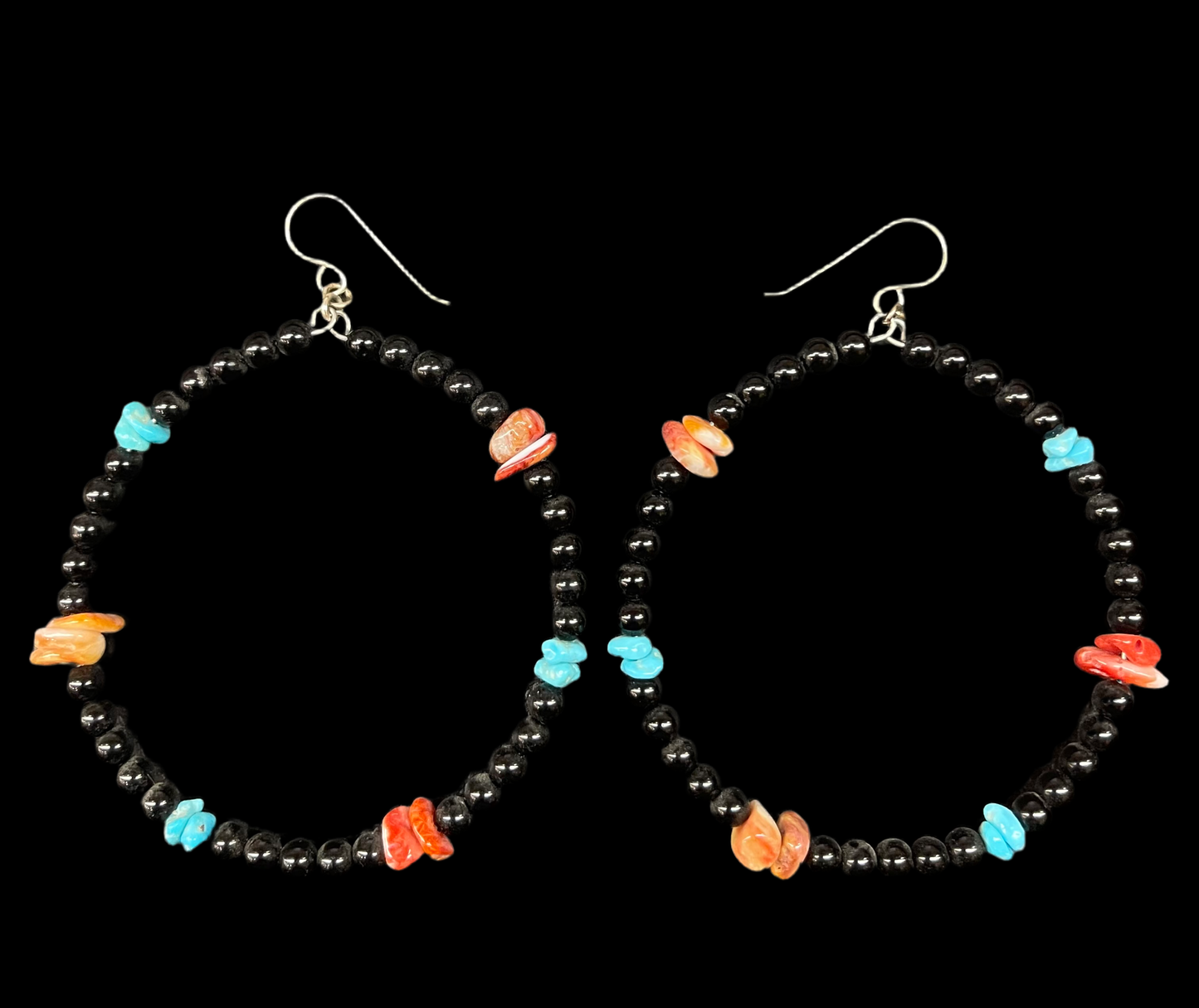 Spiny Oyster Shell, Natural Sleeping Beauty Turquoise, and Black Onyx Beads Hoop Earrings