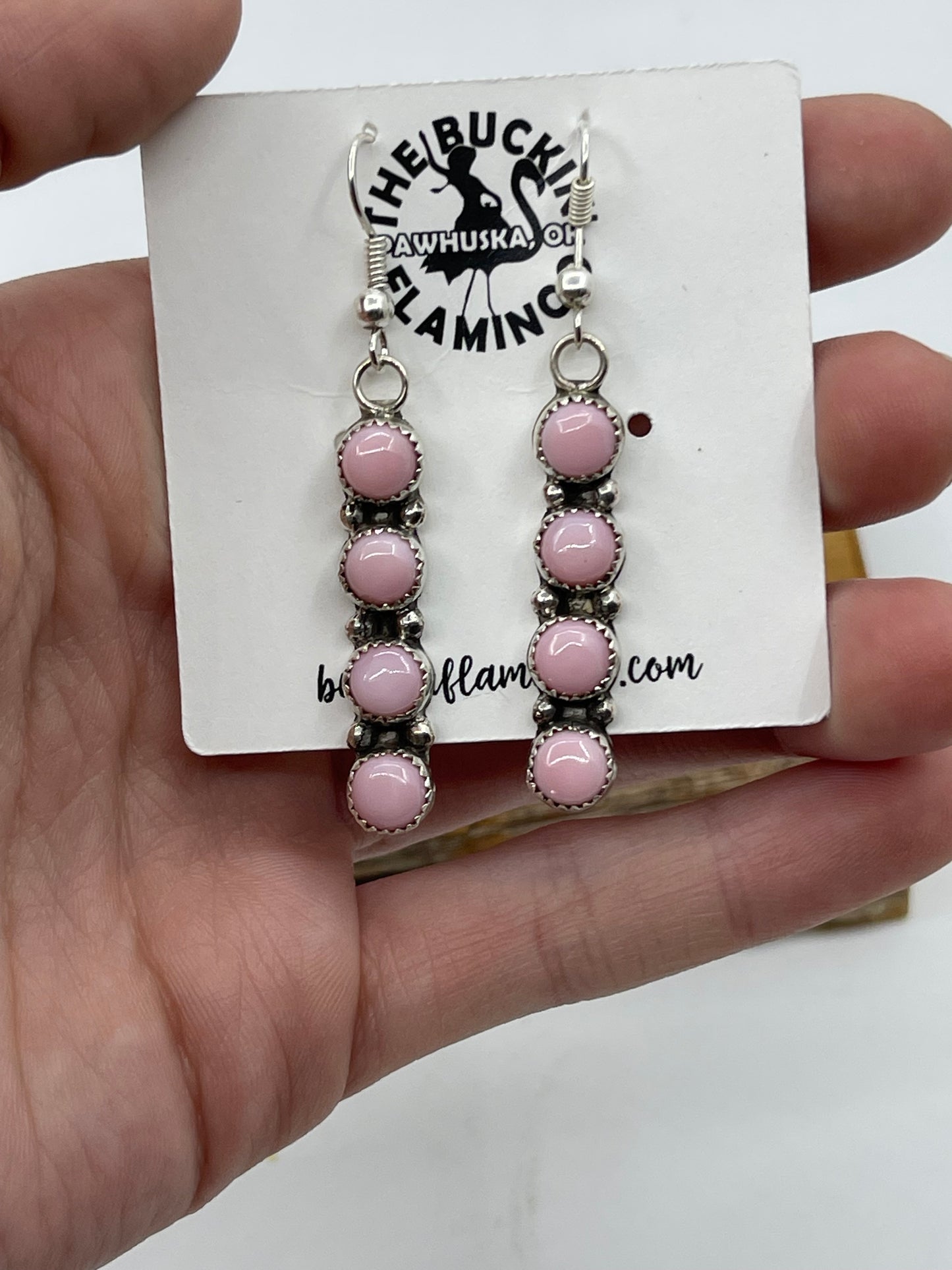 4 Stone Pink Conch Shell Drop Dangle Earrings by Maxine Ramirez, Navajo