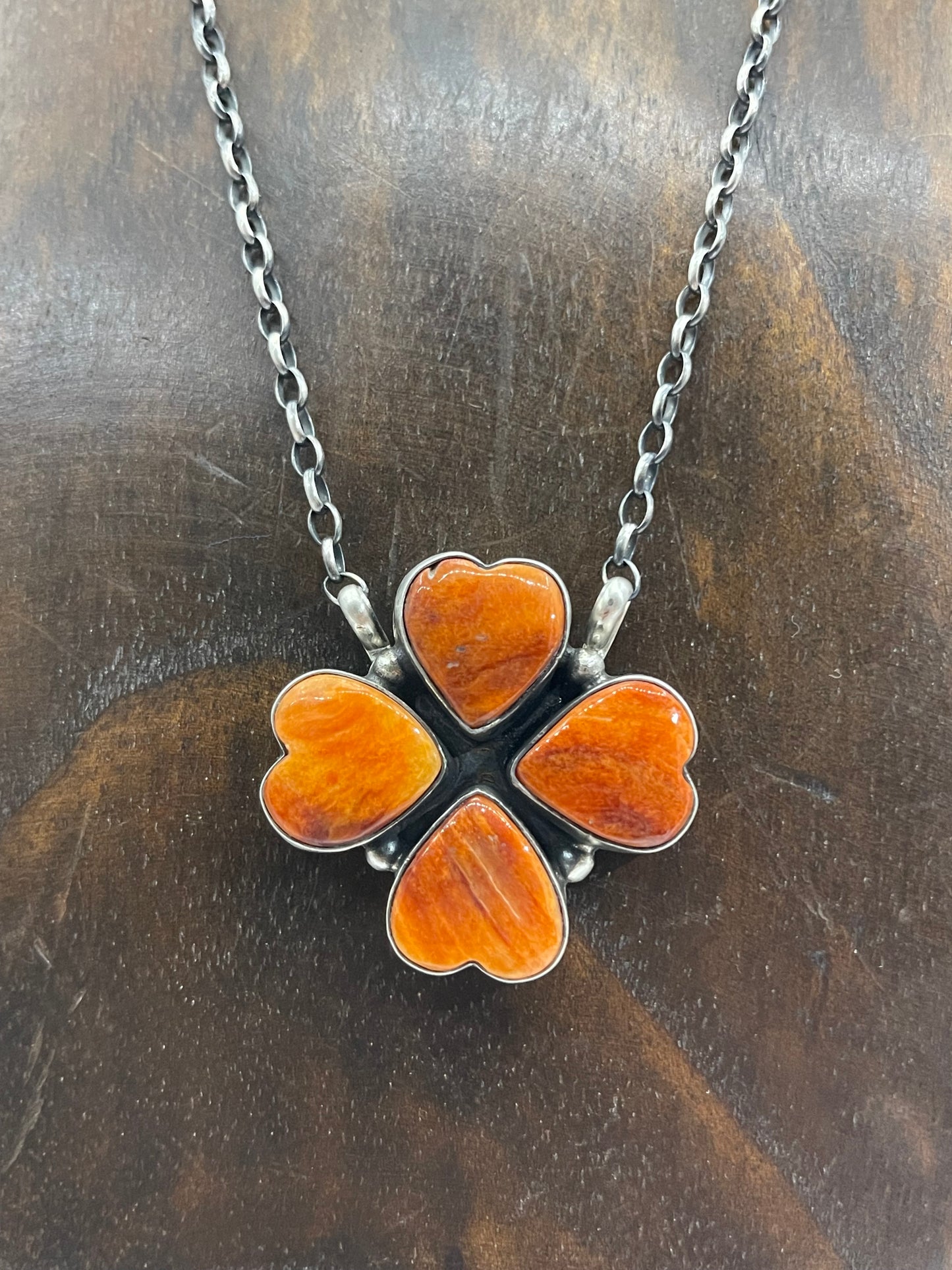 16" Light Orange Spiny Oyster 4 Heart Necklace
