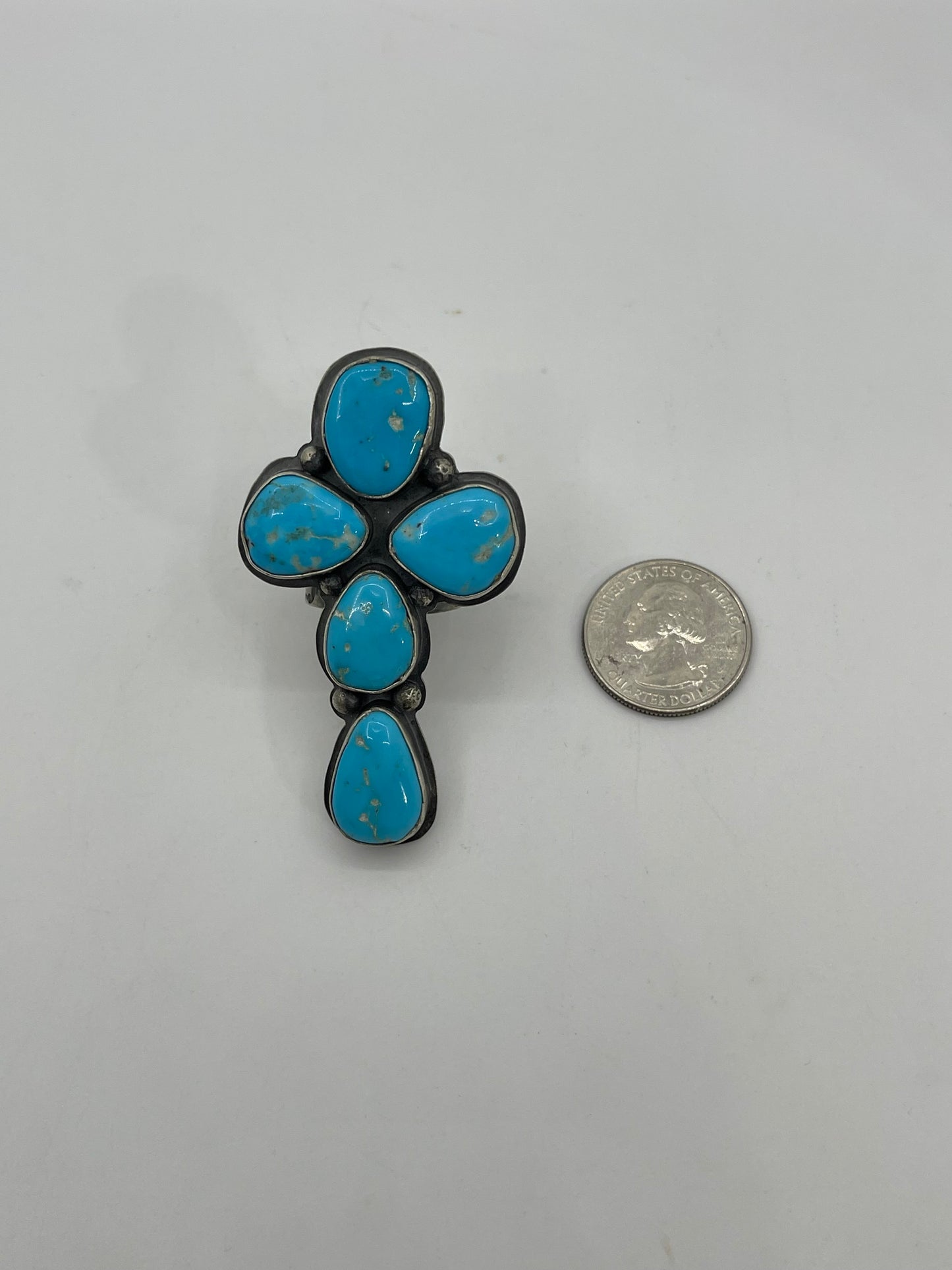 9.0 Sleeping Beauty 5 Stone Cross Ring By Steven Nez, Navajo
