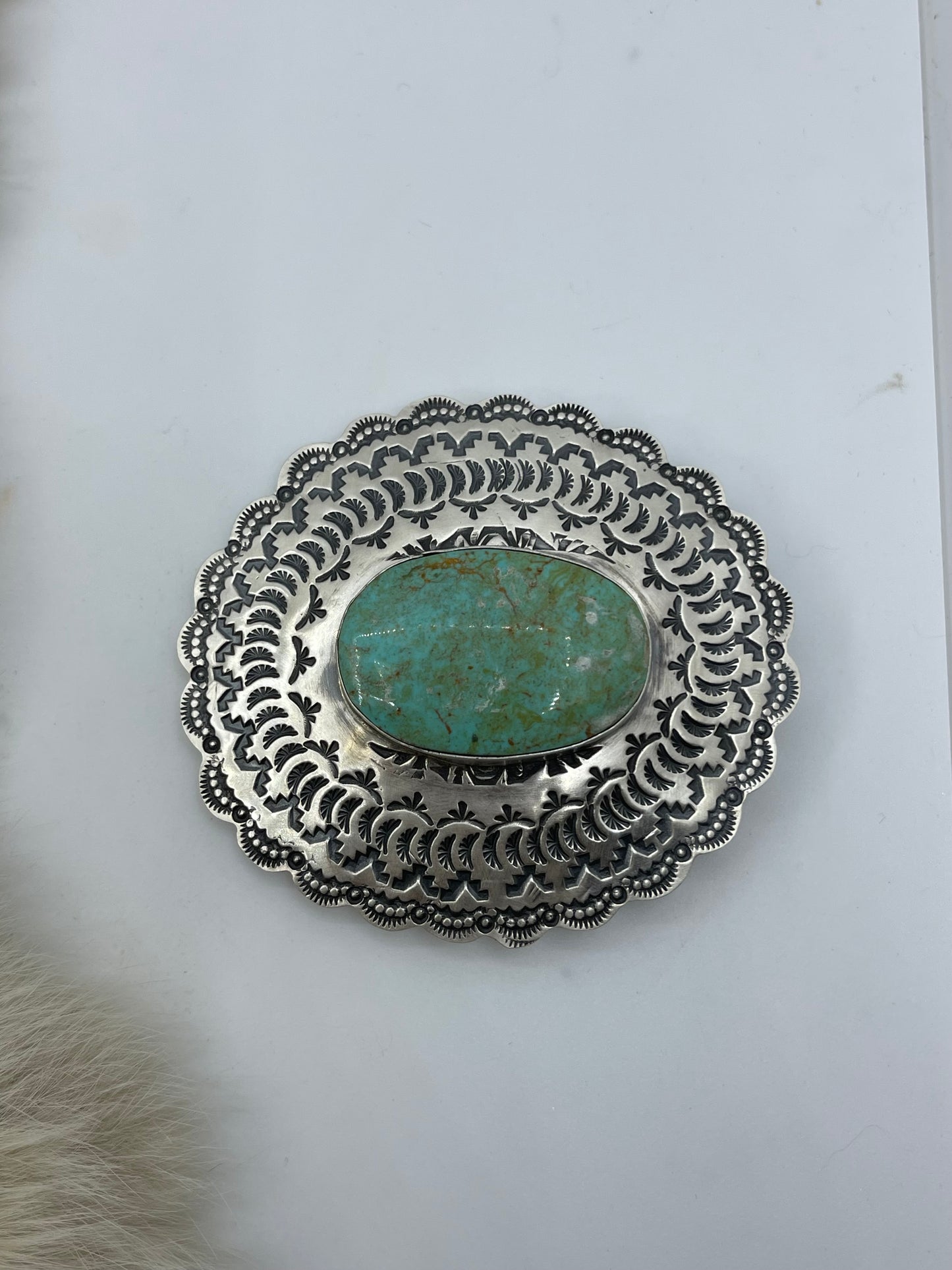 Kingman Turquoise Stamped Belt Buckle by Rick Enriquez, Navajo